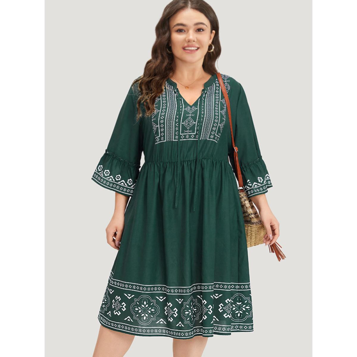 Plus Size Bandana Print Knot Neck Frill Trim Bell Sleeve Dress DarkGreen Women Vacation Cross straps Notched collar Half Sleeve Curvy Midi Dress BloomChic 28/5X Product Image