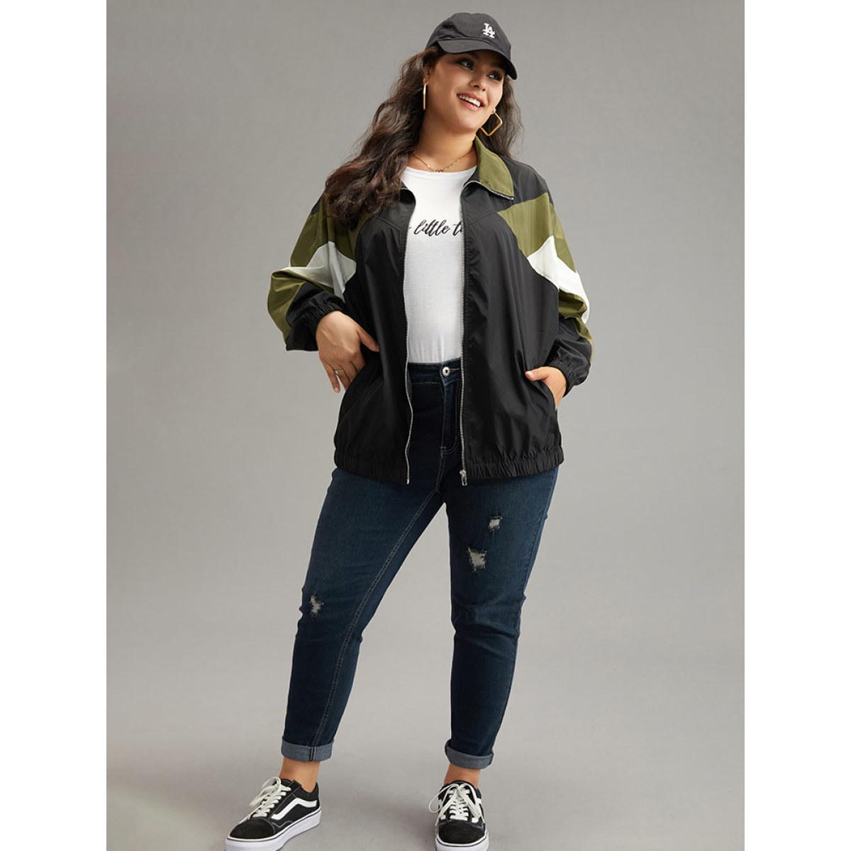 Plus Size Colorblock Patchwork Pocket Zipper Windbreaker Women Multicolor Contrast Pocket Everyday Jackets BloomChic 22-24/3X Product Image