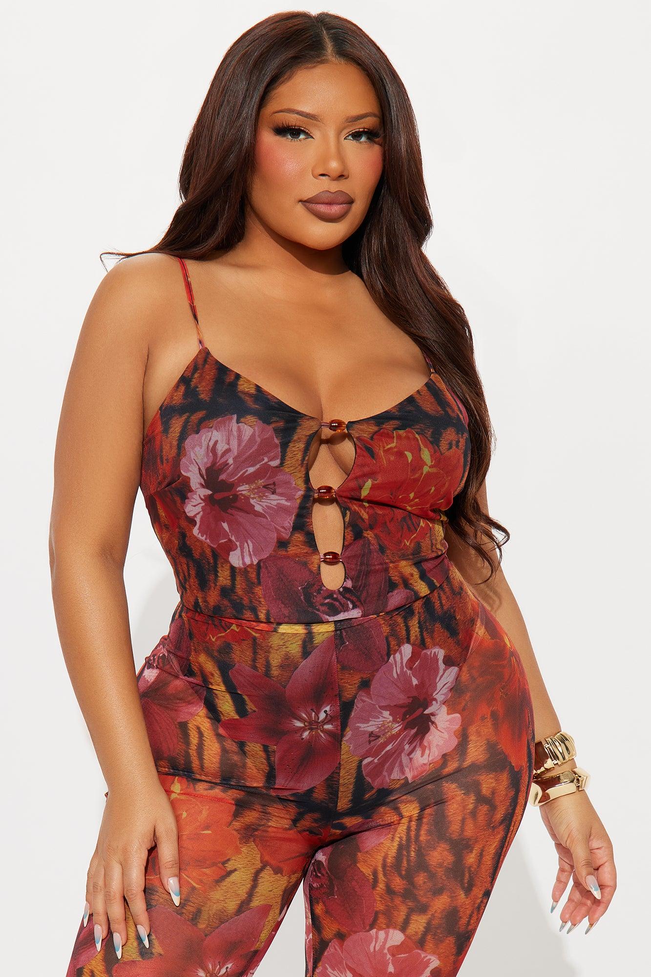 Petal Fantasy Mesh Flare Leg Jumpsuit - Rust/combo Female Product Image