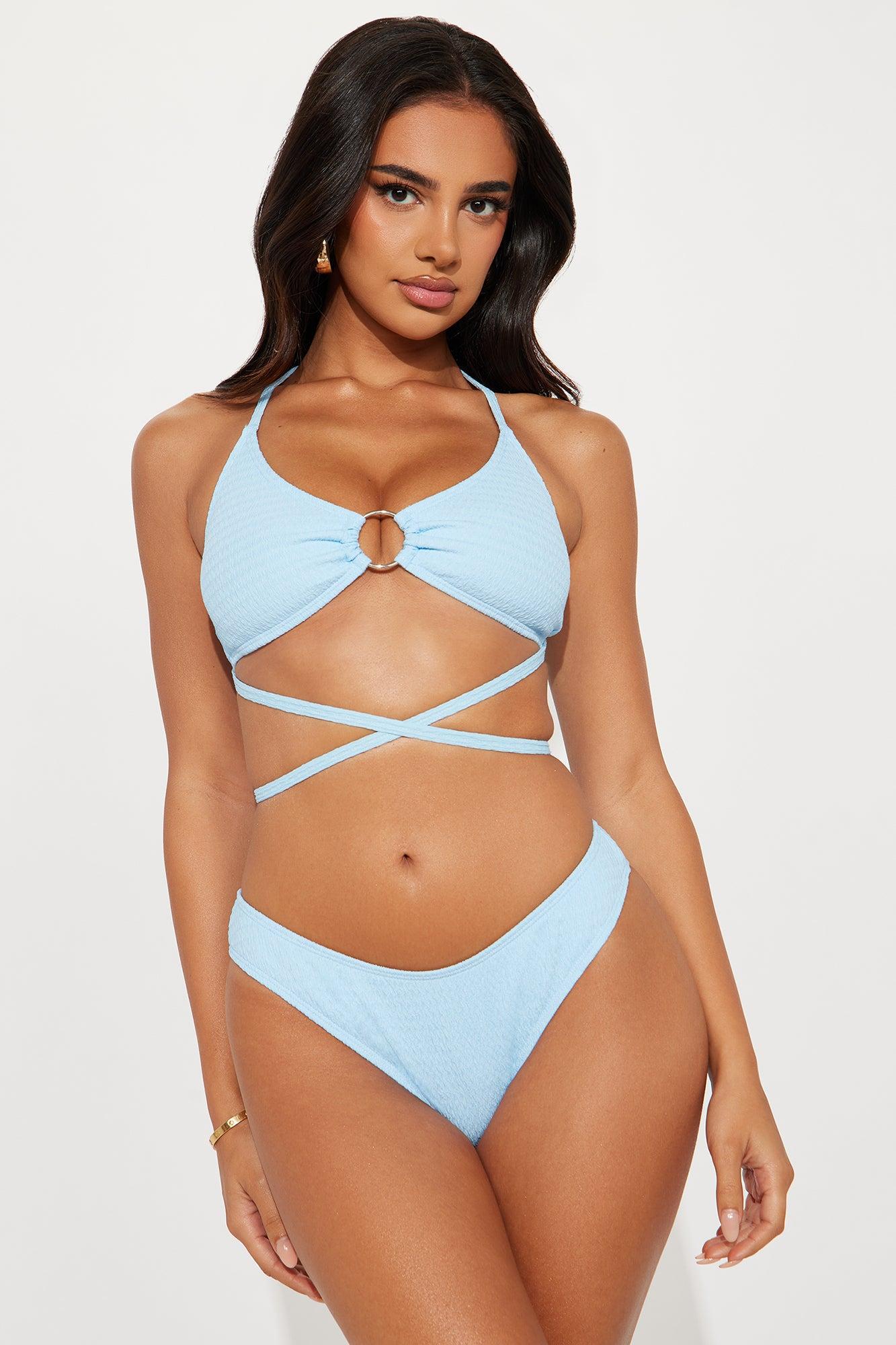 Angelica Textured O-Ring Ruched Skirt 3 Piece Bikini Set - Blue Product Image