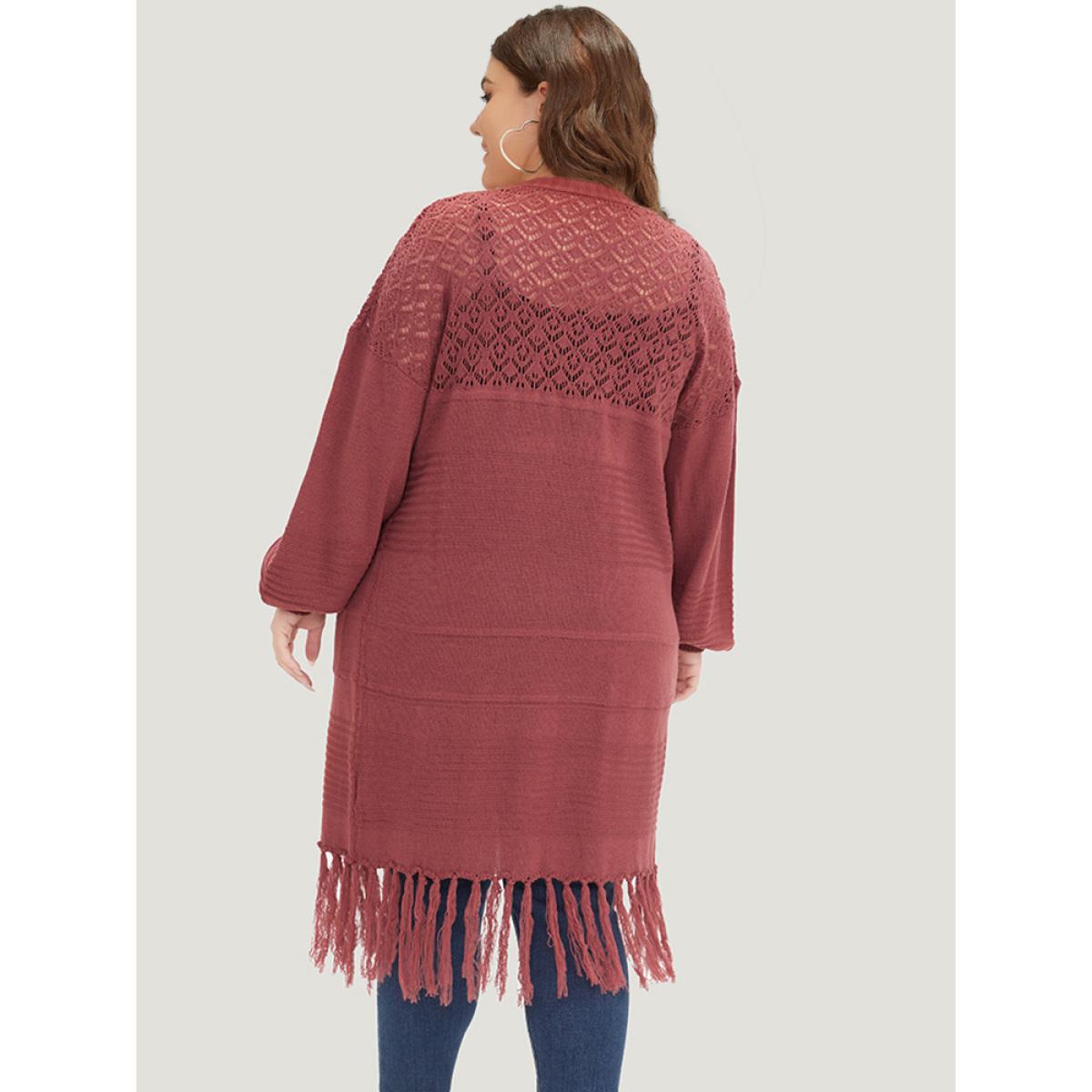 Plus Size Plain Fringe Trim Patched Pocket Cardigan Russet Women Casual Loose Long Sleeve Dailywear Cardigans BloomChic 28/5X Product Image