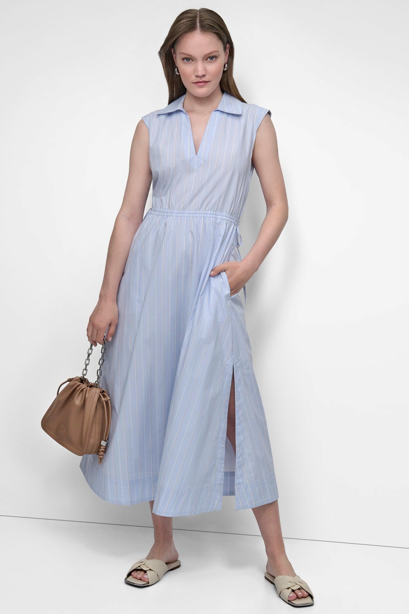 CUTOUT PINSTRIPED MIDI SHIRT DRESS Product Image