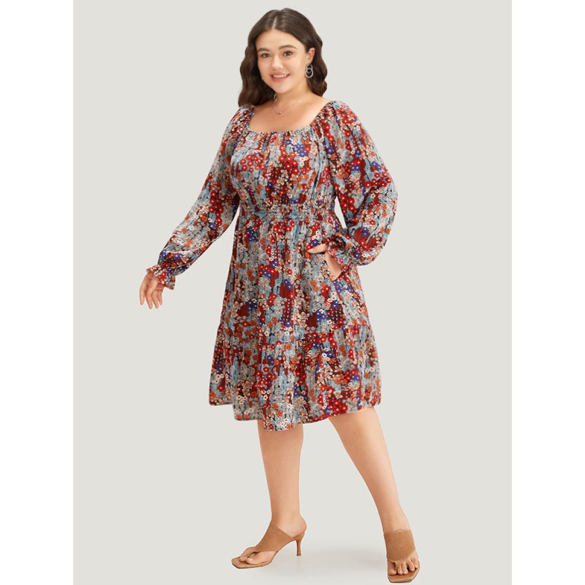 Plus Size Floral Print Shirred Square Neck Ruffle Dress Multicolor Women Elegant Elastic cuffs Square Neck Long Sleeve Curvy Midi Dress BloomChic 10/M Product Image