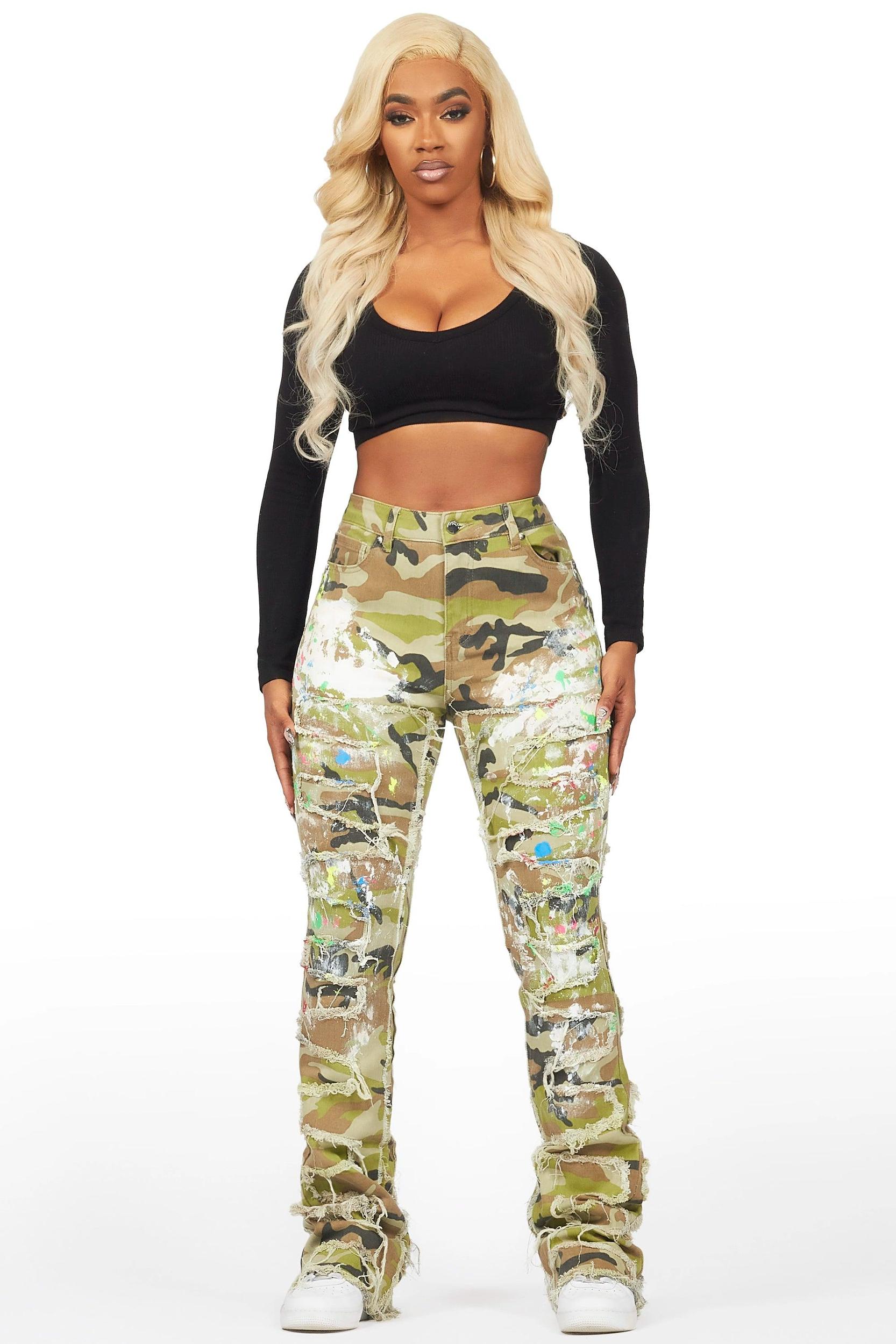 Raeshell Green Camo Painted Stacked Jean Female Product Image