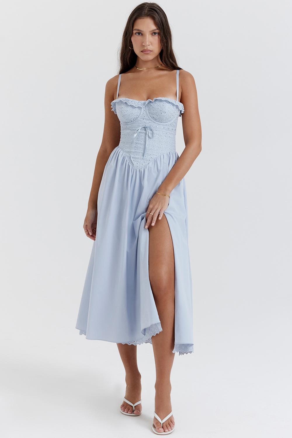 Jaime  soft blue cotton broderie anglais midi sundress Product Image