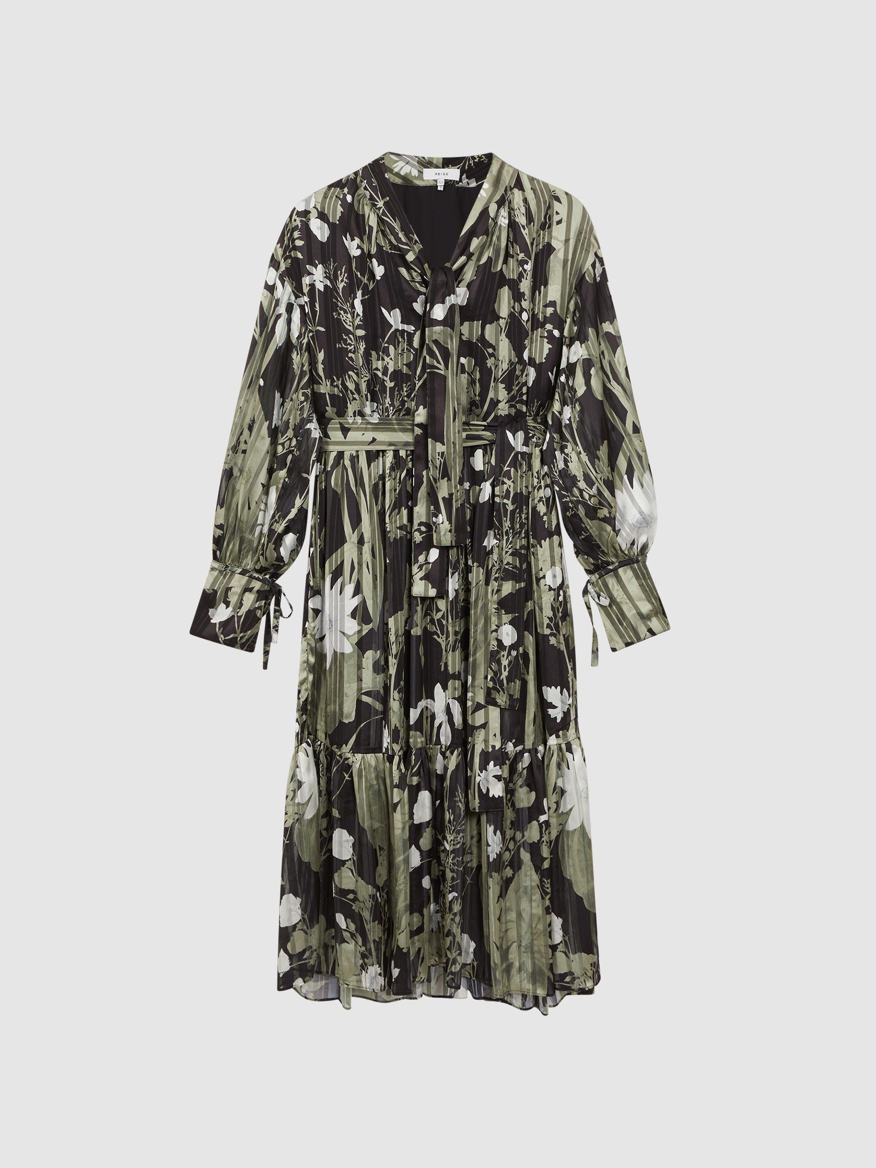 Floral Print Tie Neck Midi Dress in Green Product Image