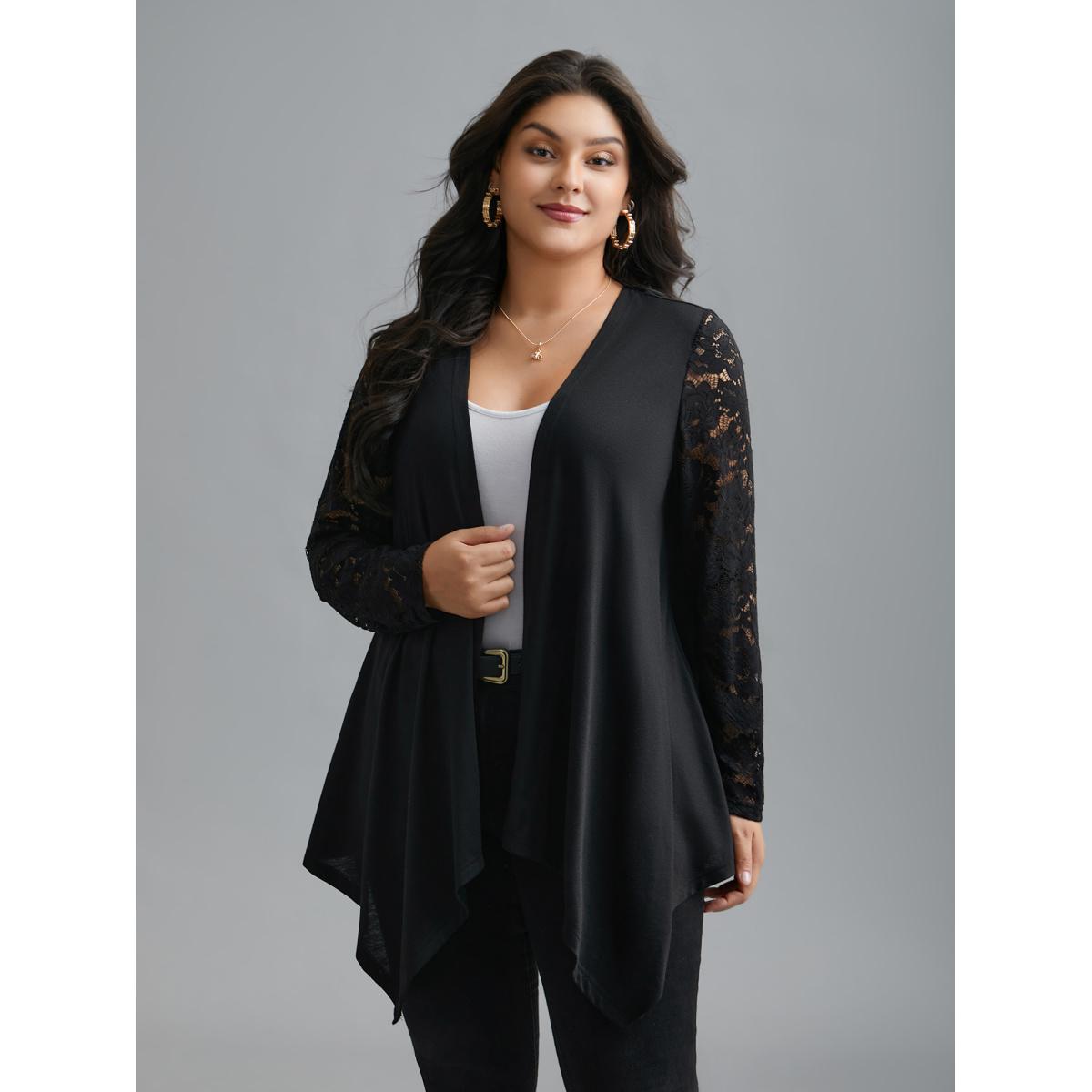 Plus Size Crochet Lace Mesh Asymmetrical Trim Cardigan Women Black Elegant See through Loose Everyday Kimonos BloomChic 12/L Product Image
