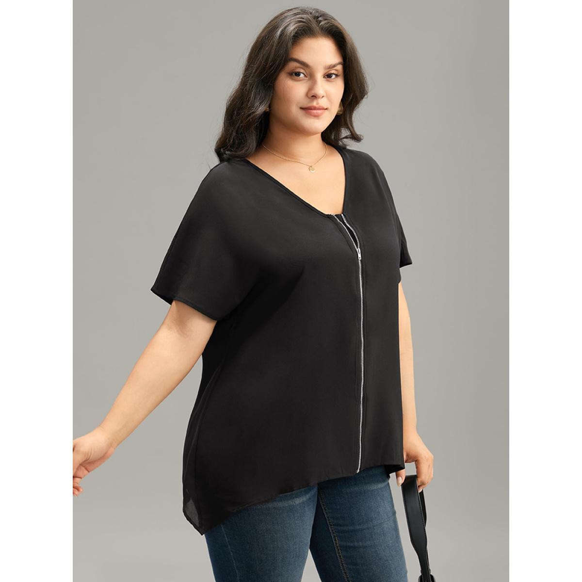 Plus Size Black Plain Zipper Curved Hem Blouse Women Office Short sleeve V-neck Work Blouses BloomChic 10/M Product Image