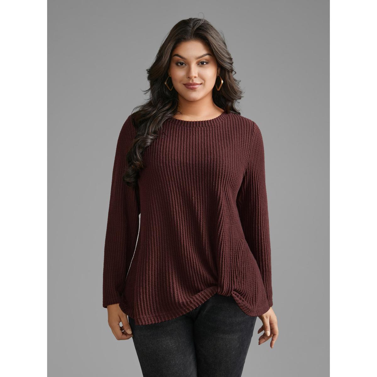 Plus Size Round Neck Waffle Knit Twist Front T-shirt Deepred Women Casual Twist Round Neck Everyday T-shirts BloomChic 28/5X Product Image