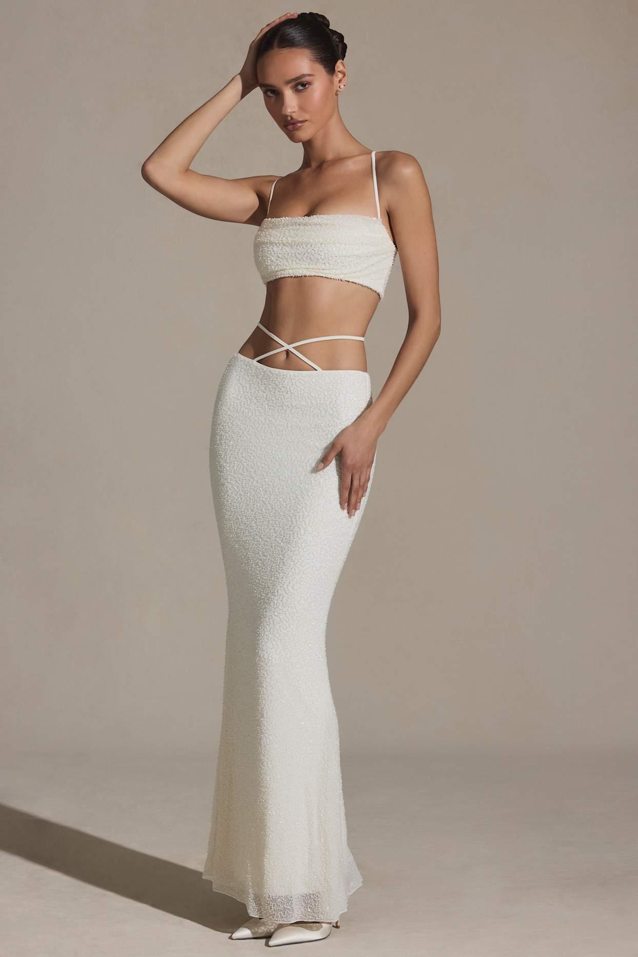 Embellished Strappy Maxi Skirt in White Product Image