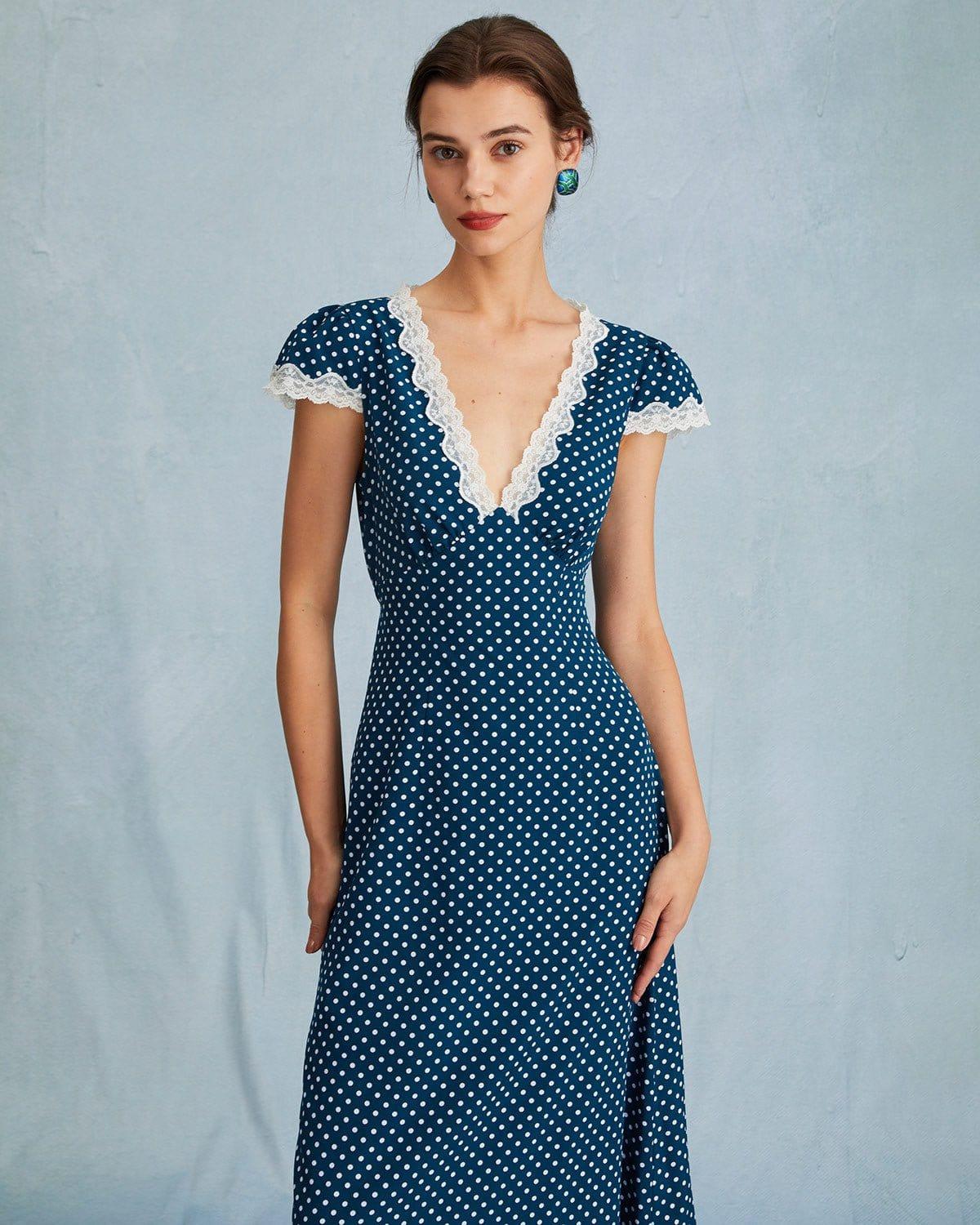 The Navy V Neck Polka Dot Lace Ruched Maxi Dress Product Image