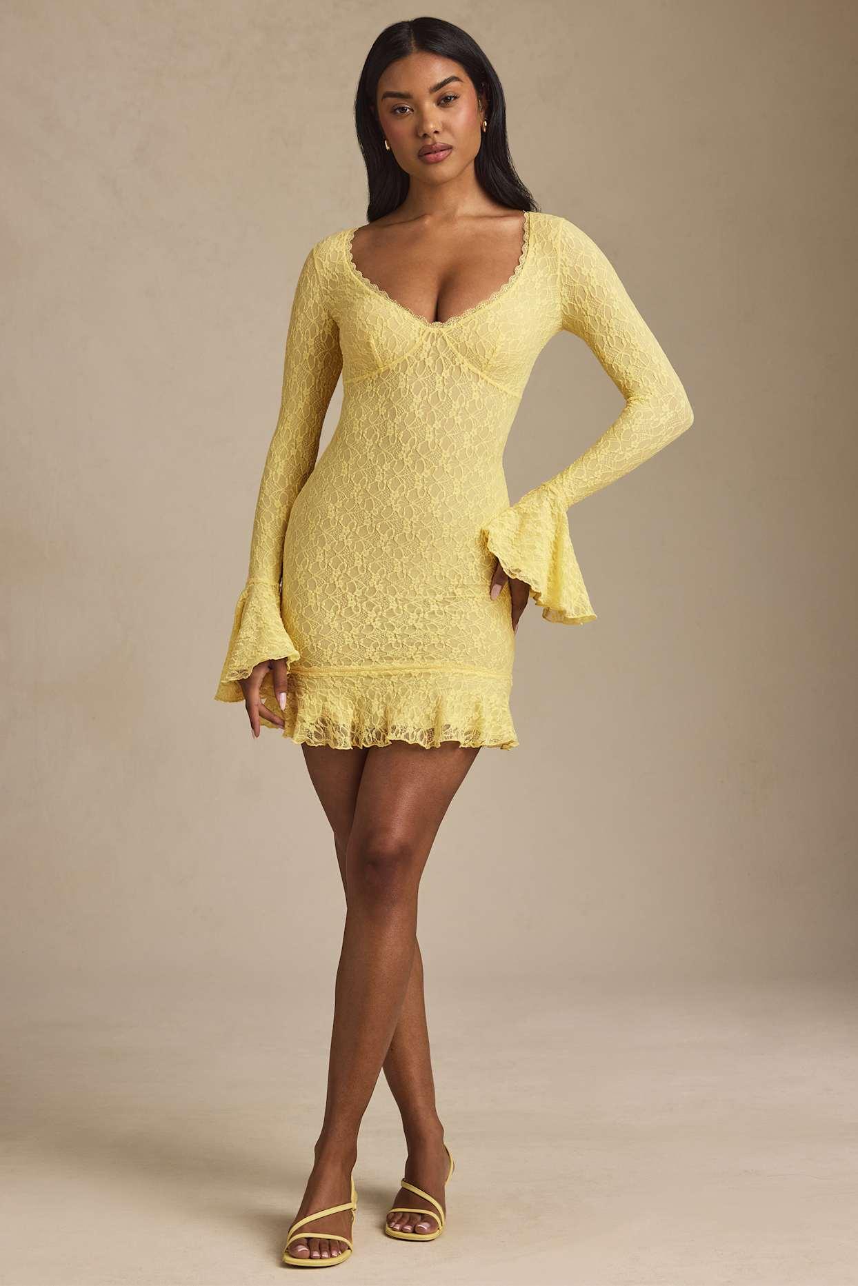 Long-Sleeve Ruffled Lace Mini Dress in Pastel Yellow Product Image