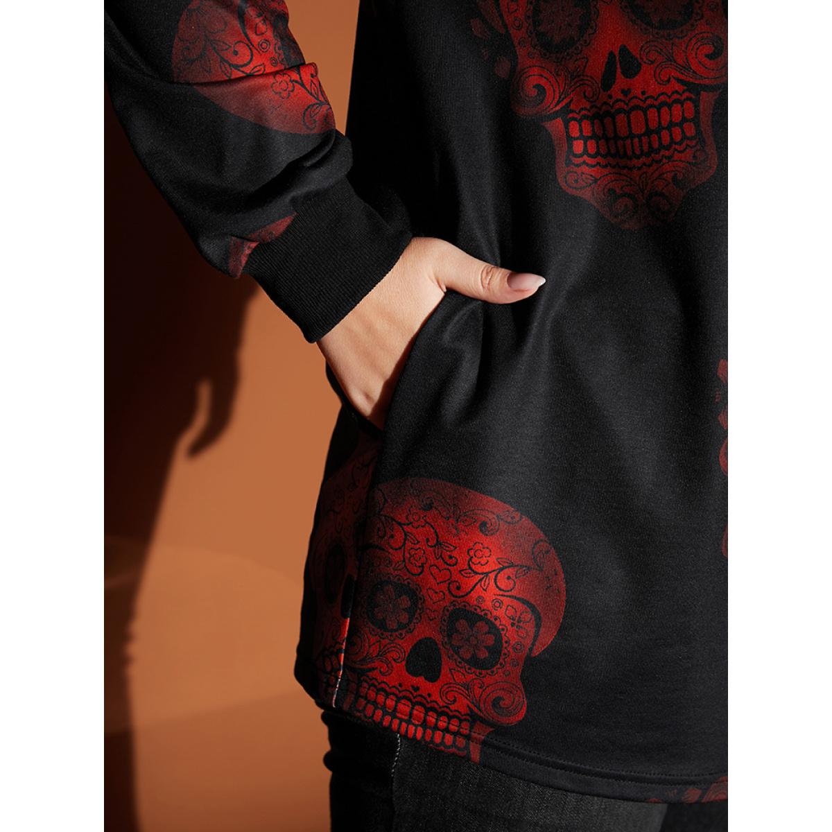 Plus Size Halloween Skull Print Pocket Drawstring Hooded Sweatshirt Women Black Casual Pocket Hooded Dailywear Sweatshirts BloomChic 14-16/1X Product Image