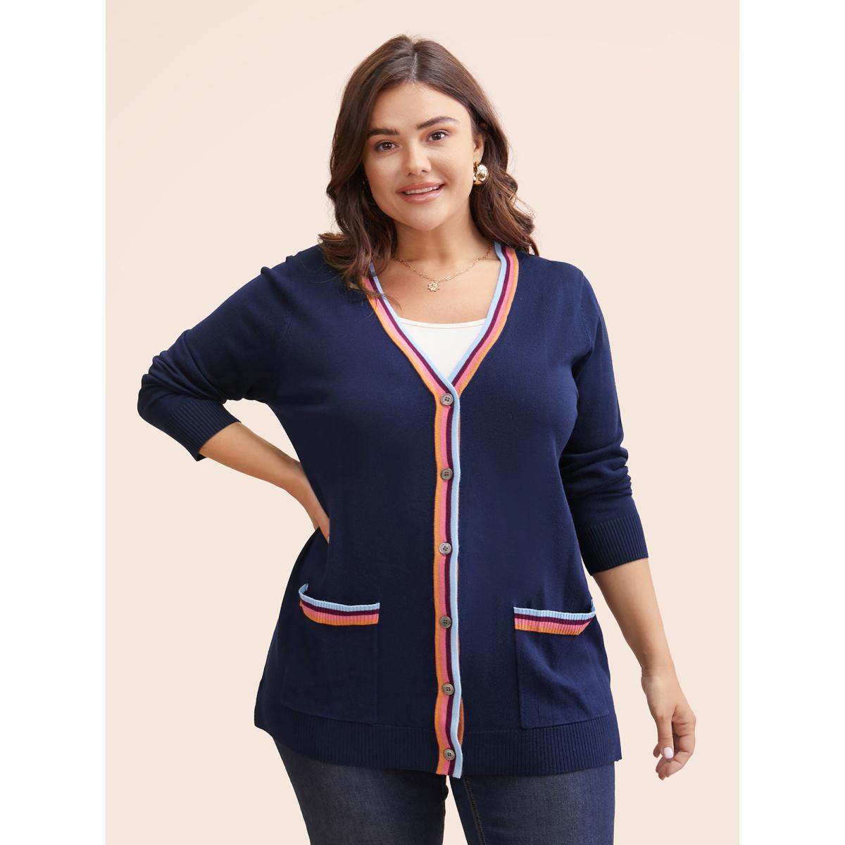 Plus Size Contrast Striped Trim Patch Pocket Cardigan Indigo Women Casual Loose Long Sleeve Everyday Cardigans BloomChic 10/M Product Image