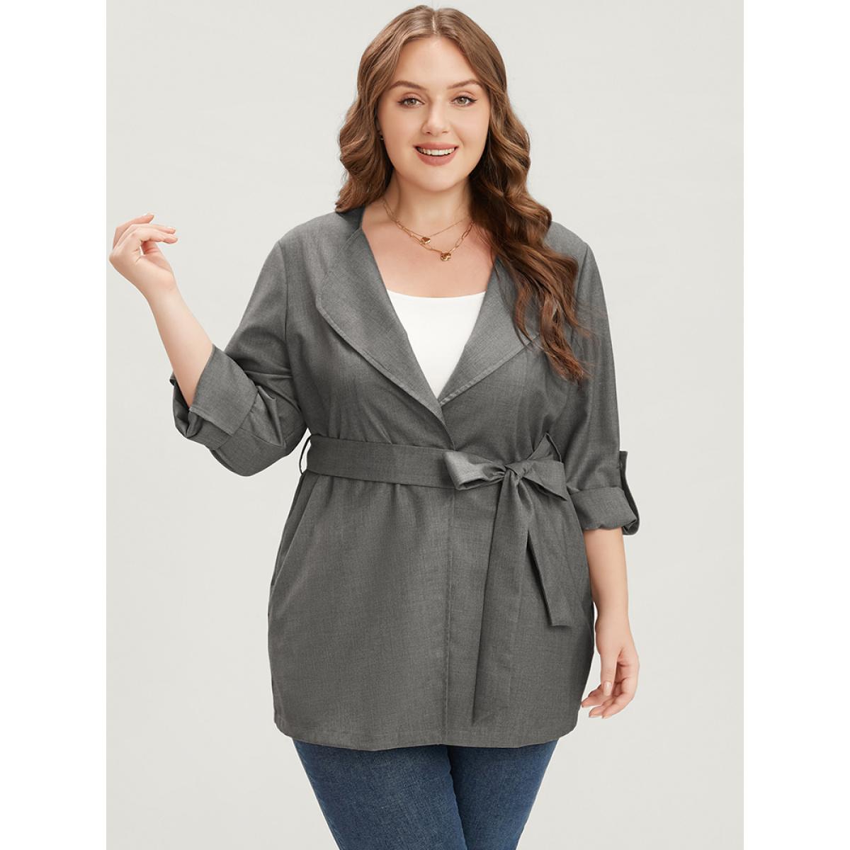 Plus Size Plain Lapel Collar Pocket Roll Sleeve Belted Coat Women Gray Office Pocket Ladies Dailywear Winter Coats BloomChic 14-16/1X Product Image