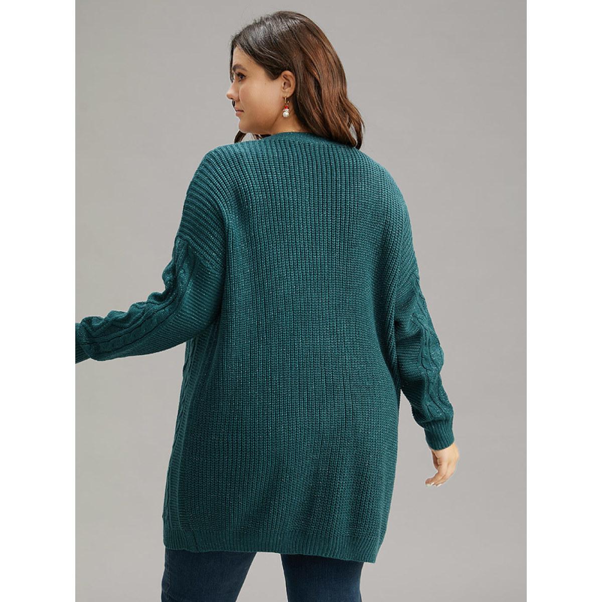 Plus Size Plain Cable Knit Luxe Open Front Cardigan Cyan Women Casual Loose Long Sleeve Dailywear Cardigans BloomChic 22-24/3X Product Image