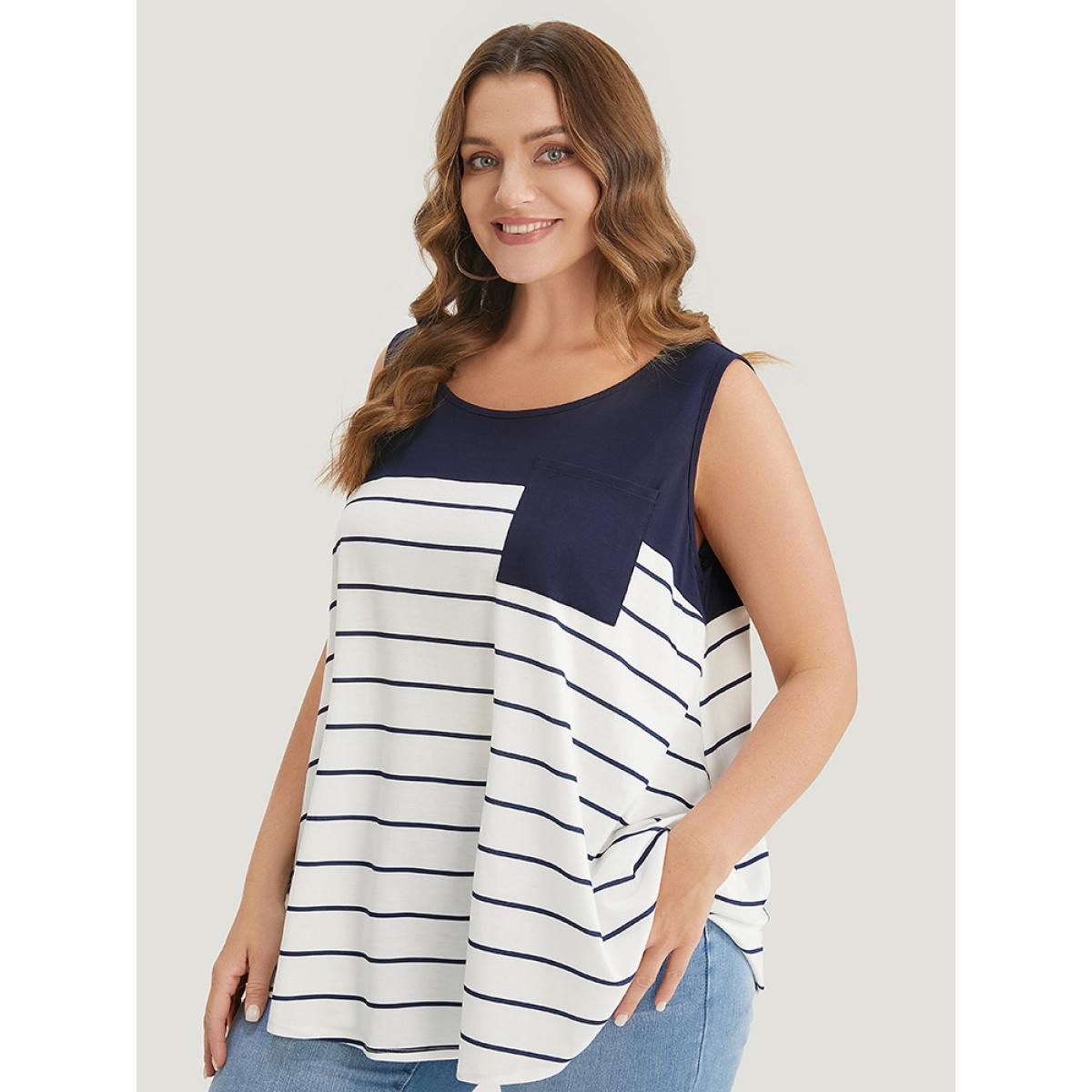 Plus Size Striped Patchwork Pocket Tank Top Women Navy Casual Round Neck Dailywear Tank Tops Camis BloomChic 28/5X Product Image