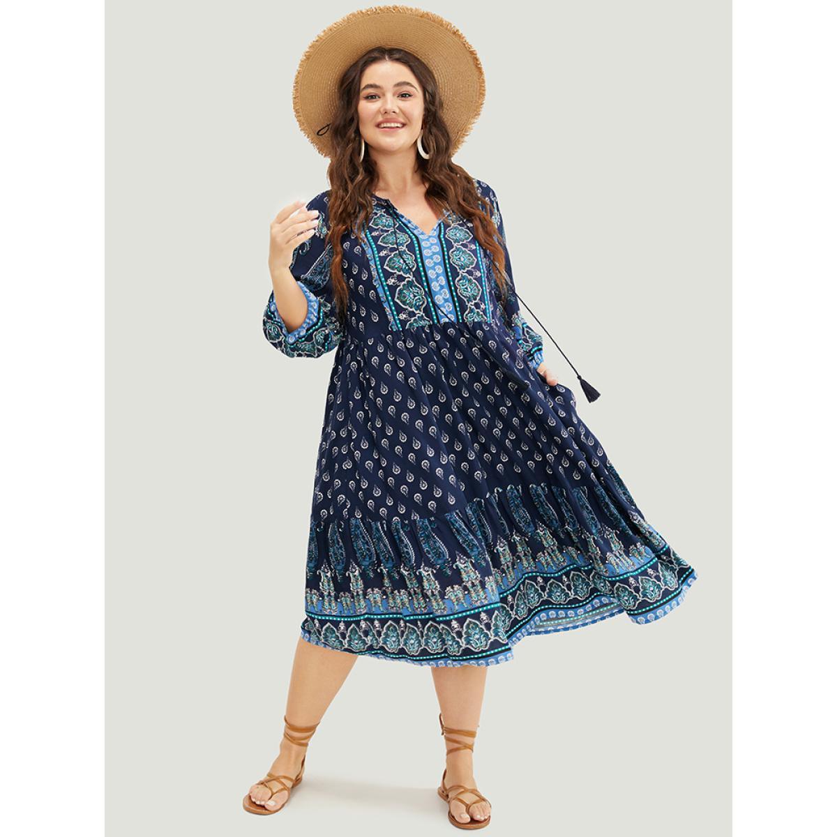Plus Size Bandana Print Ruffles Lantern Sleeve Pocket Tassels Tie Neck Dress Indigo Women Vacation Tassels Tie Neck Elbow-length sleeve Curvy Midi Dress BloomChic 26/4X Product Image
