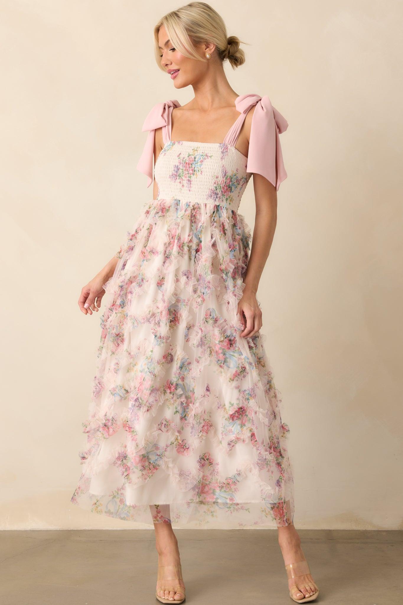 As Luck Would Have It Light Pink Floral Print Ruffle Maxi Dress Product Image
