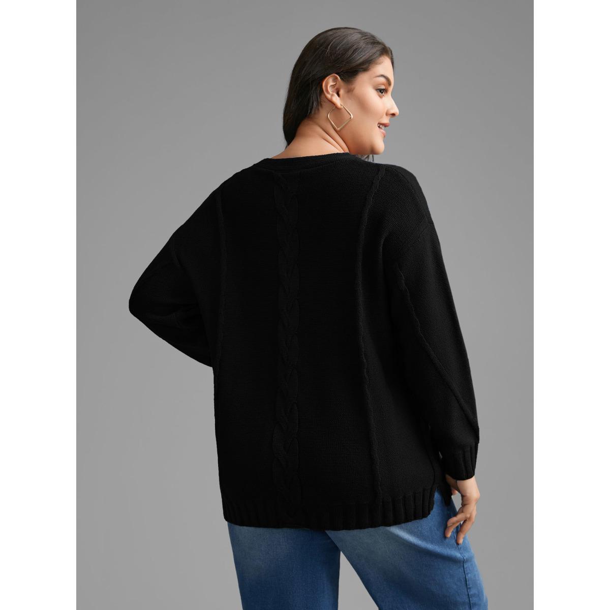 Plus Size V Neck Cable Knit Texture Pullover Black Women Casual Loose Long Sleeve V-neck Everyday Pullovers BloomChic 18-20/2X Product Image