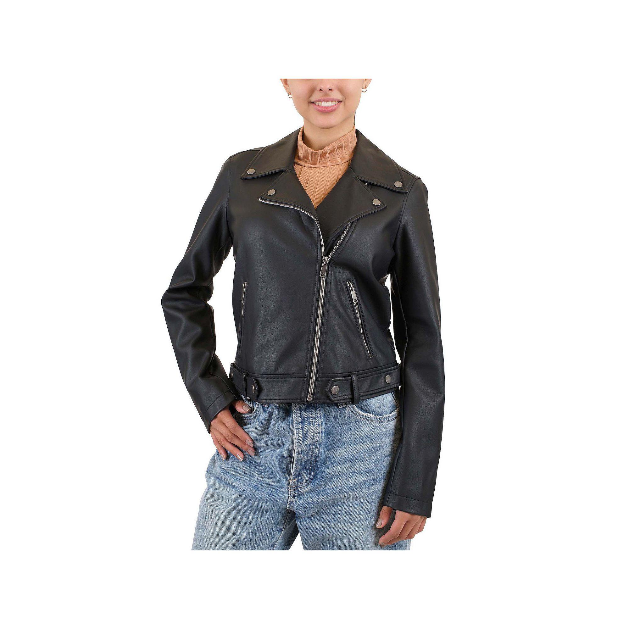 Juniors' Coffee Shop Classic Faux Leather Moto Jacket, Women's, Size: Small, Brown Product Image