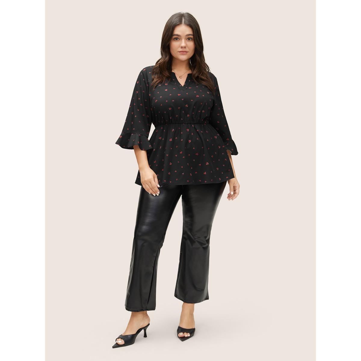 Plus Size Black Heart Print Flutter Sleeve Elastic Waist Blouse Women Elegant Elbow-length sleeve V-neck Everyday Blouses BloomChic 10/M Product Image