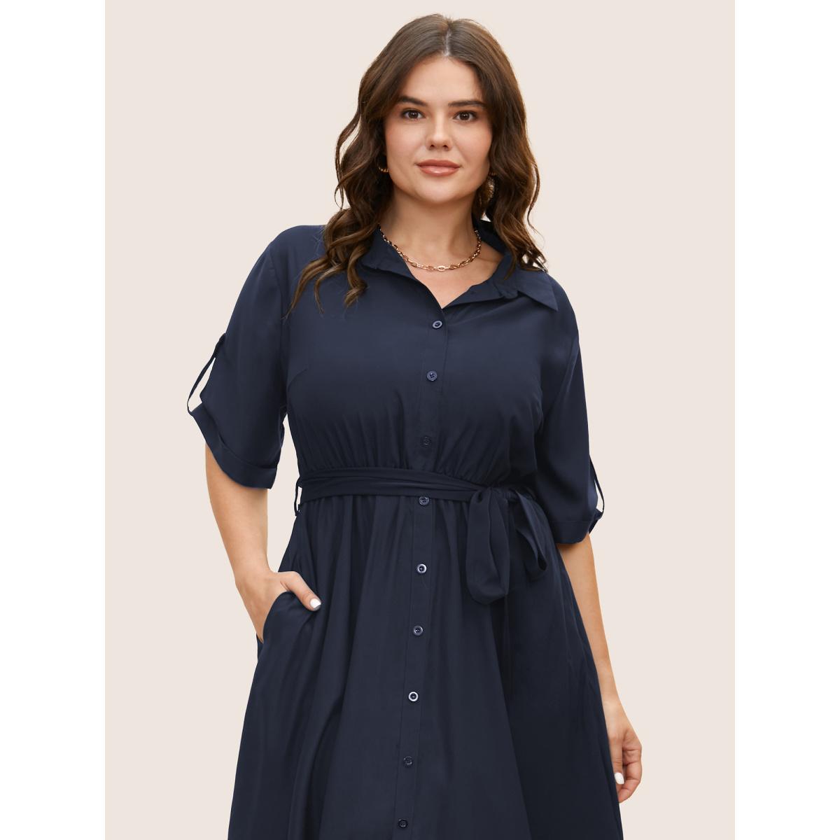 Plus Size Shirt Collar Tab Sleeve Split Hem Dress Cyan Women Office Belted Shirt collar Half Sleeve Curvy BloomChic 12/L Product Image