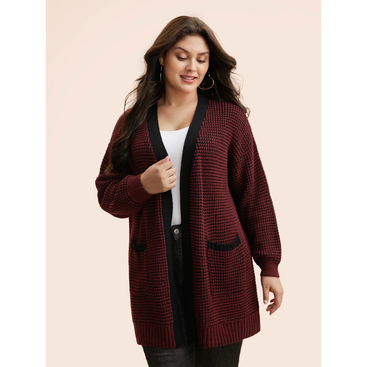Plus Size Contrast Textured Drop Shoulder Sleeve Cardigan Burgundy Women Leisure Loose Long Sleeve Casual Cardigans BloomChic 22-24/3X Product Image