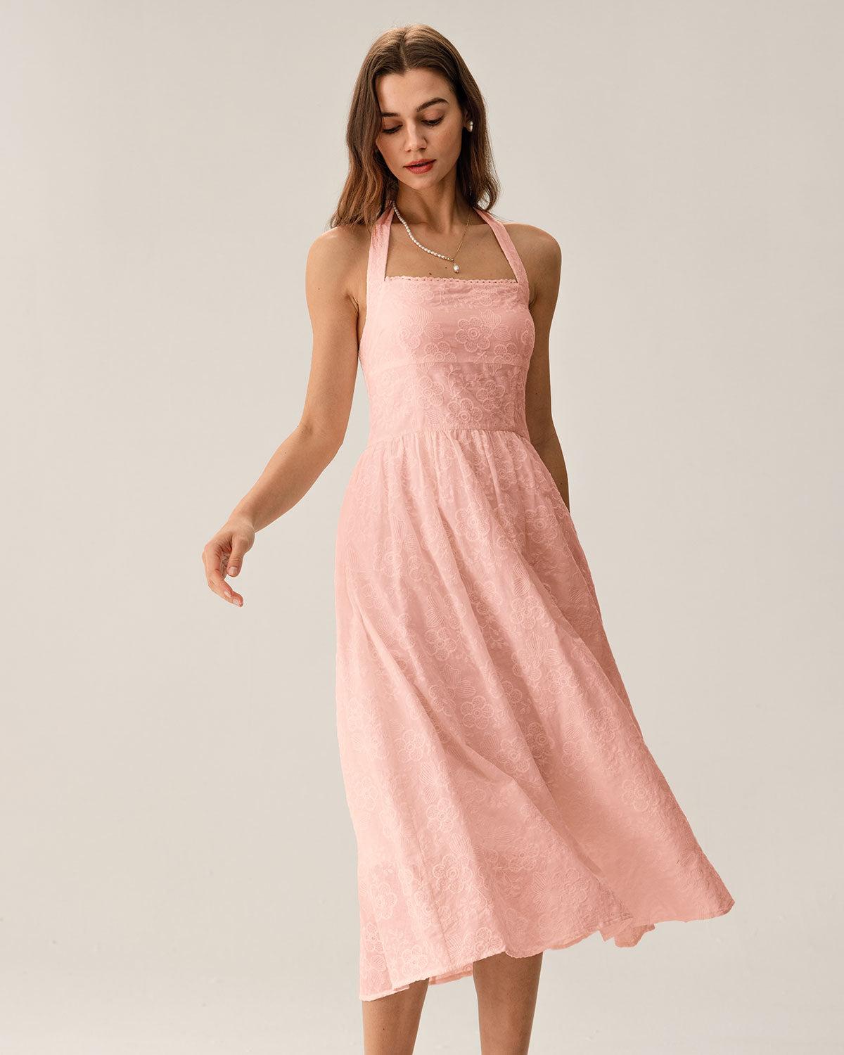 Pink Embroidery Halter Midi Dress Product Image