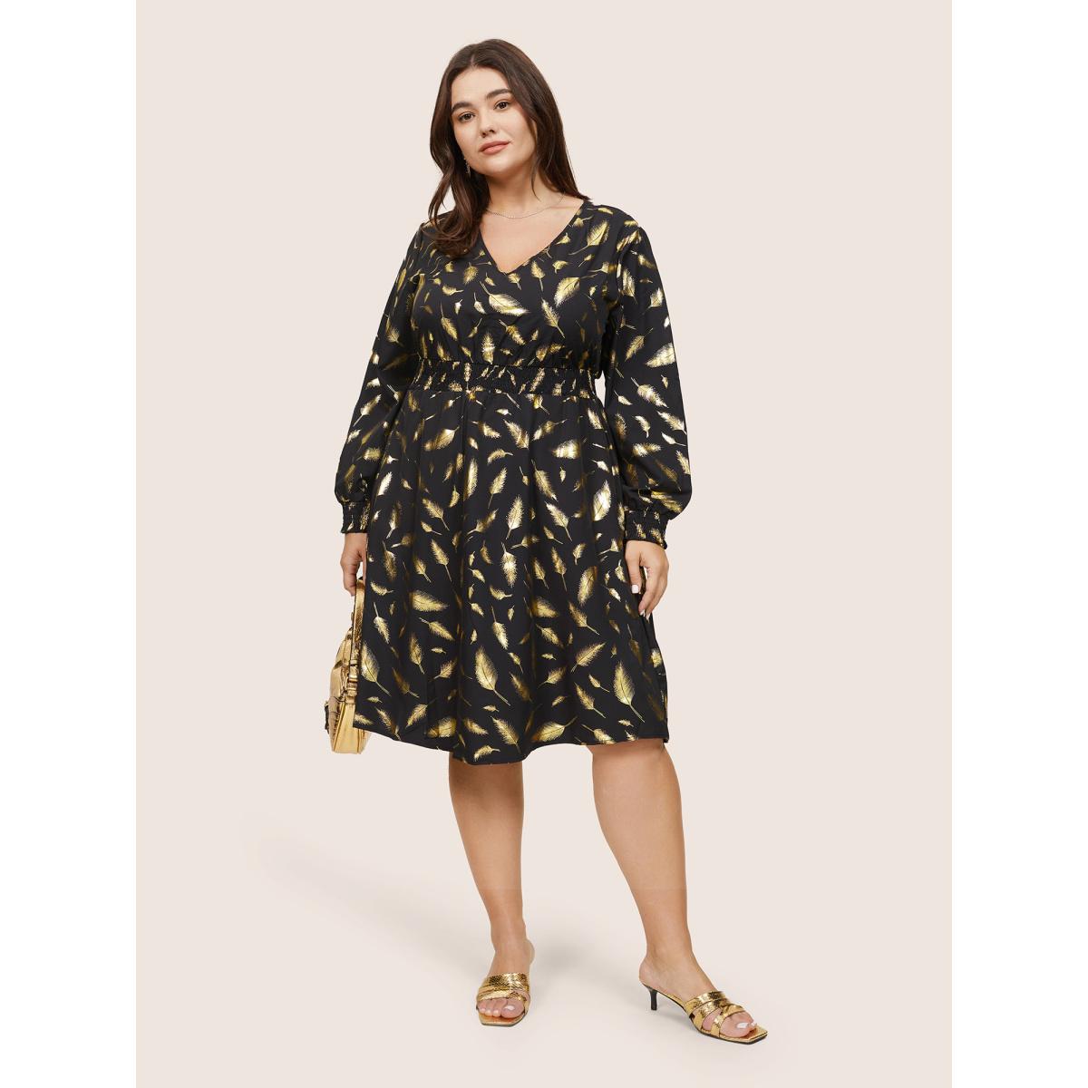 Plus Size Feather Glitter Shirred Elastic Cuffs Dress Black Women Cocktail Printed V-neck Long Sleeve Curvy Midi Dress BloomChic 10/M Product Image