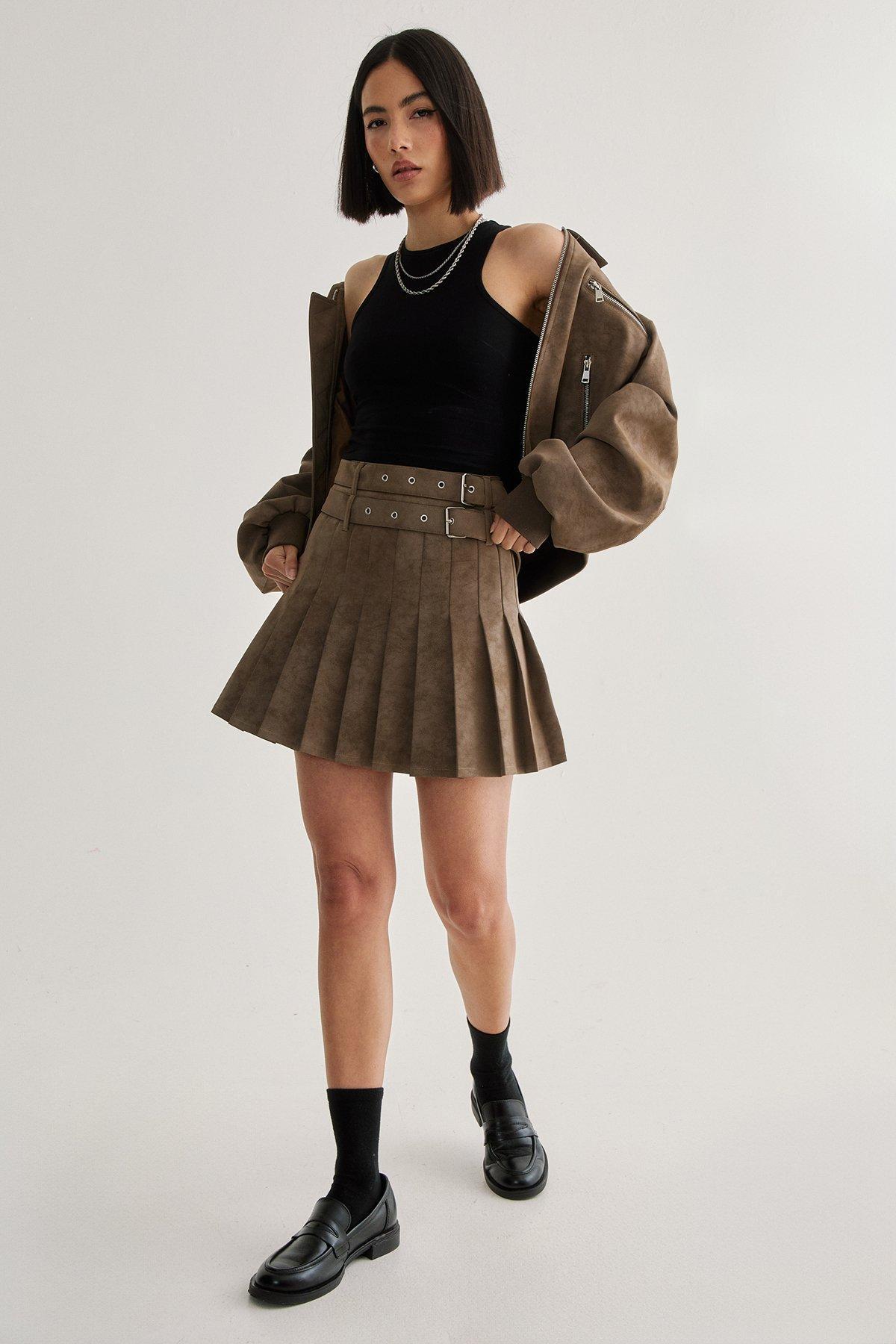 Distressed Faux Leather Pleated Skirt Product Image
