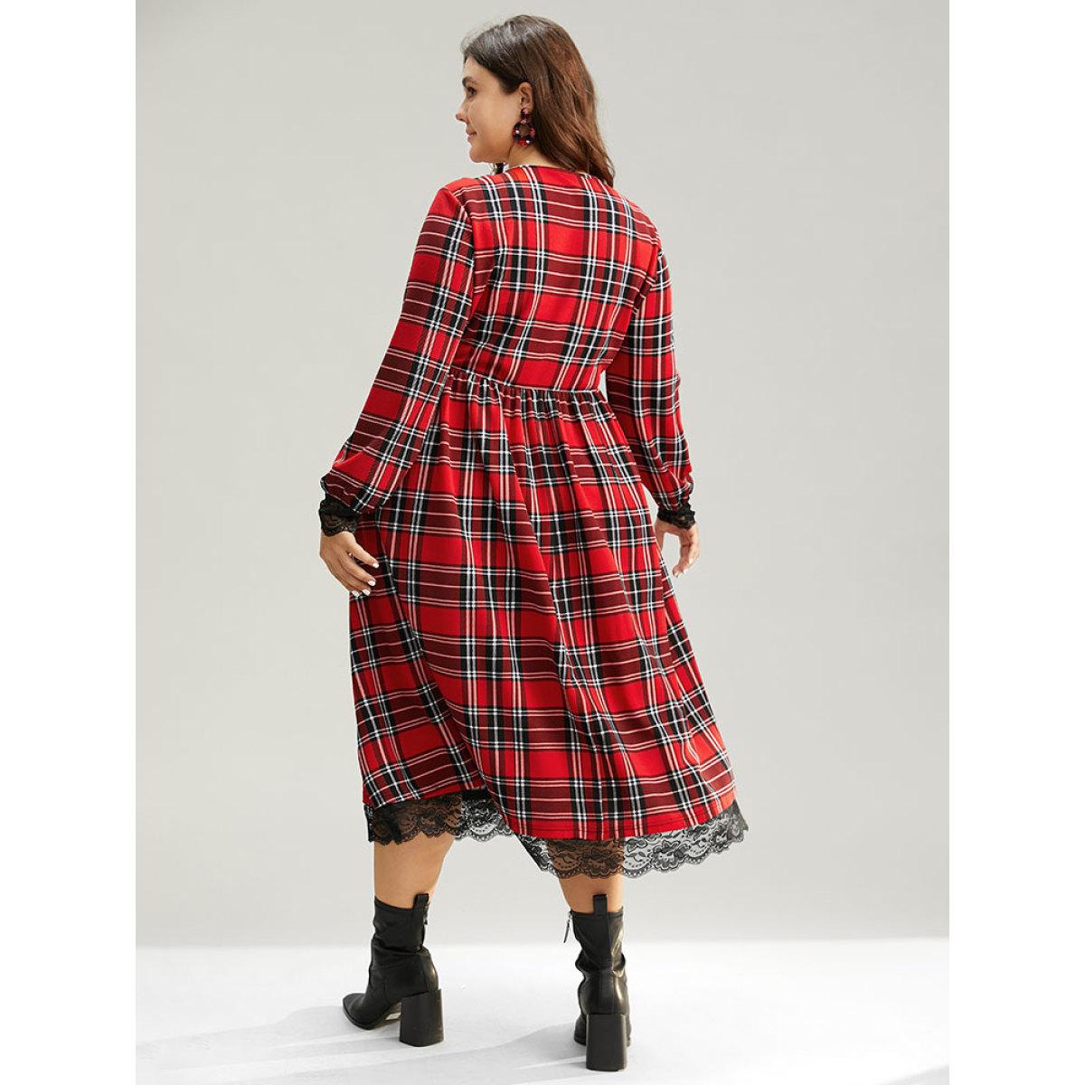Plus Size Plaid Guipure Lace Elastic Waist Gathered Dress Raspberry Women Casual Printed Round Neck Long Sleeve Curvy Midi Dress BloomChic 14-16/1X Product Image