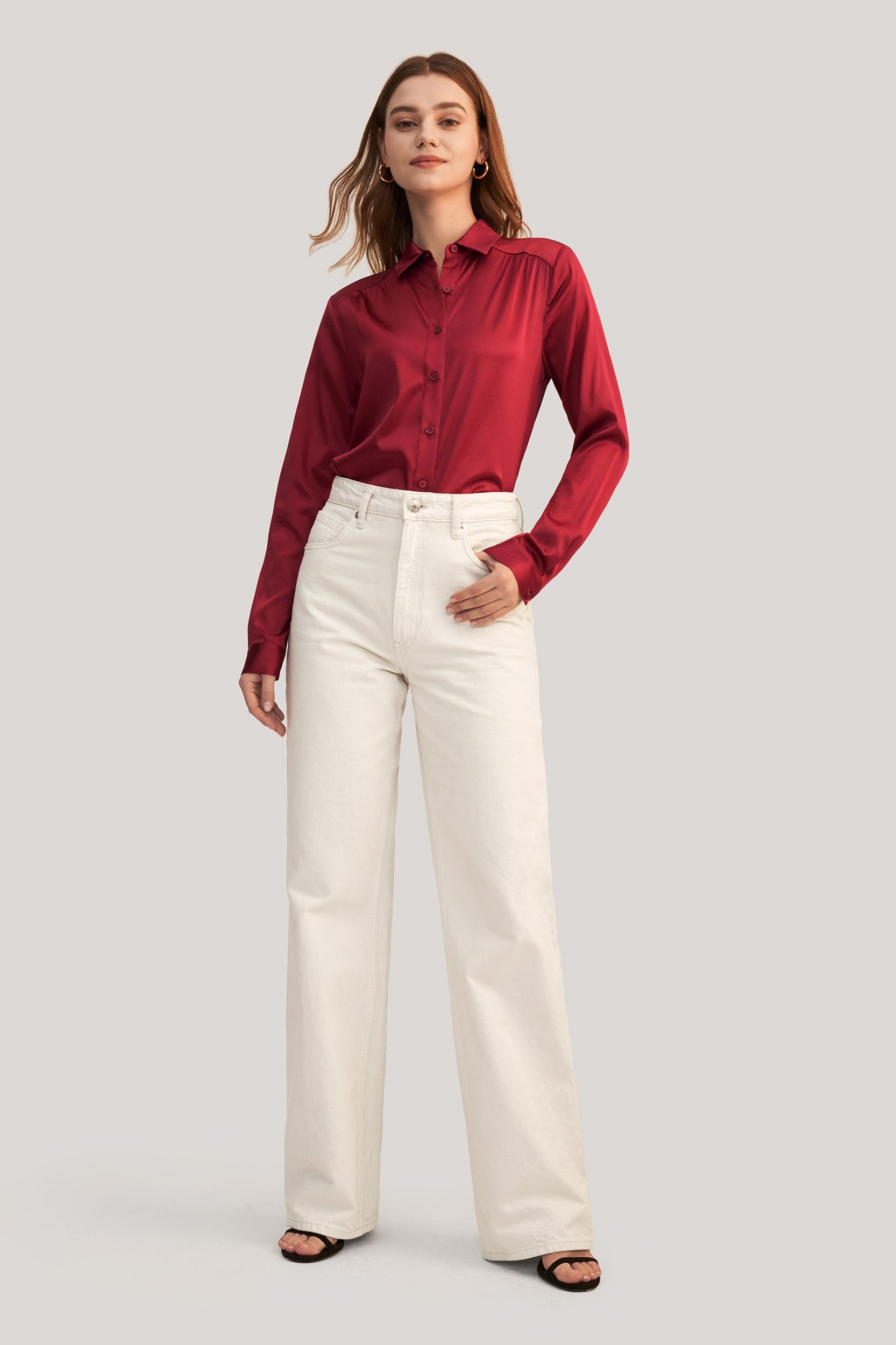 Long Sleeves Collared Silk Blouse Product Image