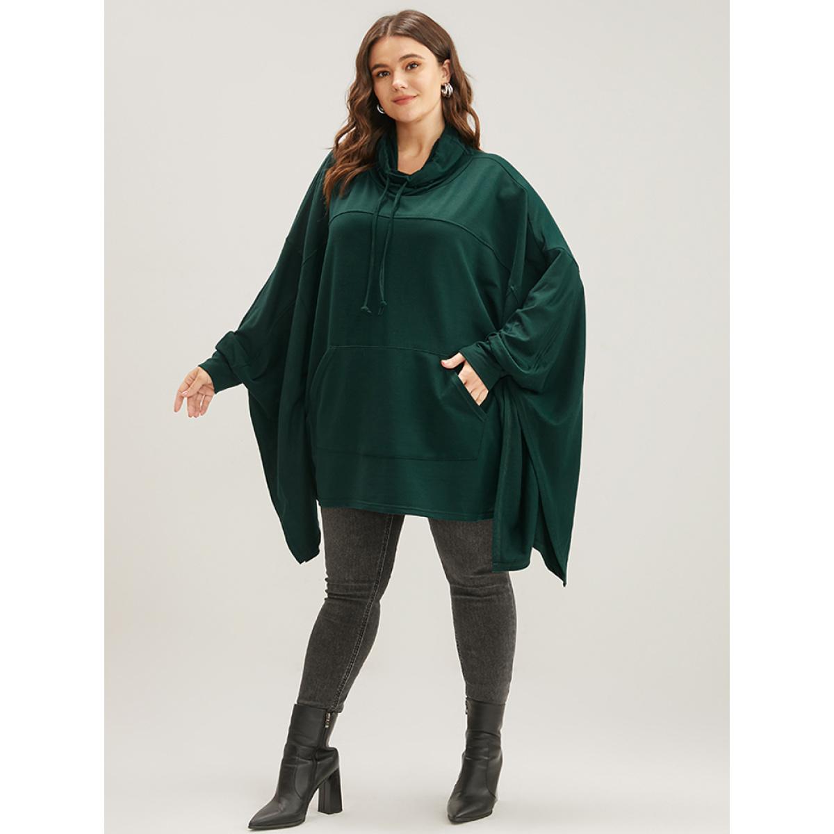 Plus Size Solid Pocket Dolman Sleeve Drawstring Sweatshirt Women DarkGreen Casual Asymmetrical Turtleneck Dailywear Sweatshirts BloomChic 10/M Product Image