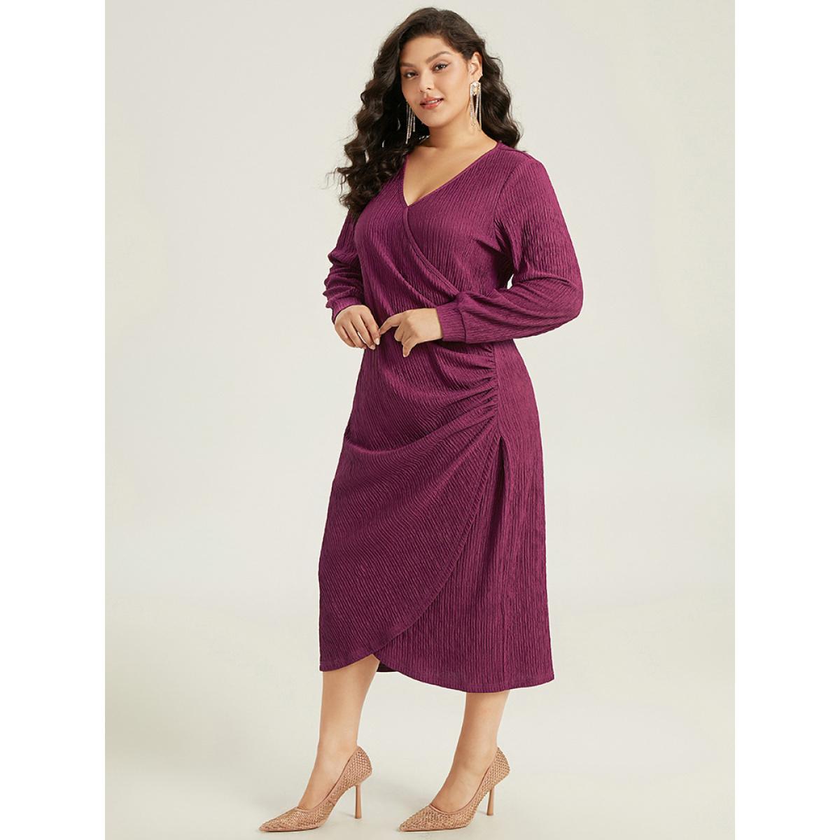 Plus Size Plain Rib Knit V Neck Wrap Pleated Dress Purple Women Party Texture V-neck Long Sleeve Curvy Midi Dress BloomChic 10/M Product Image