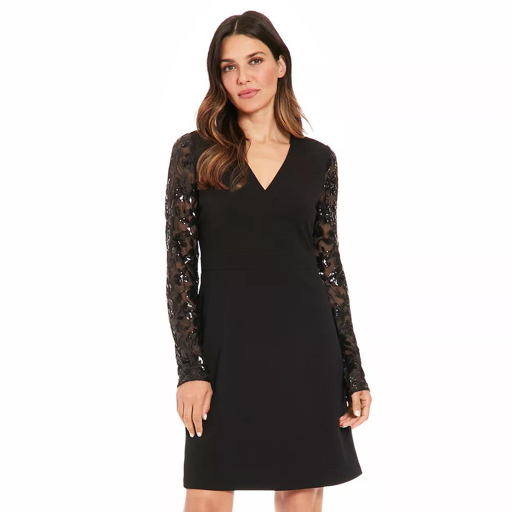 Women's London Times Long Sequin Sleeve V-Neck A-Line Dress, Size: 10, Black Product Image