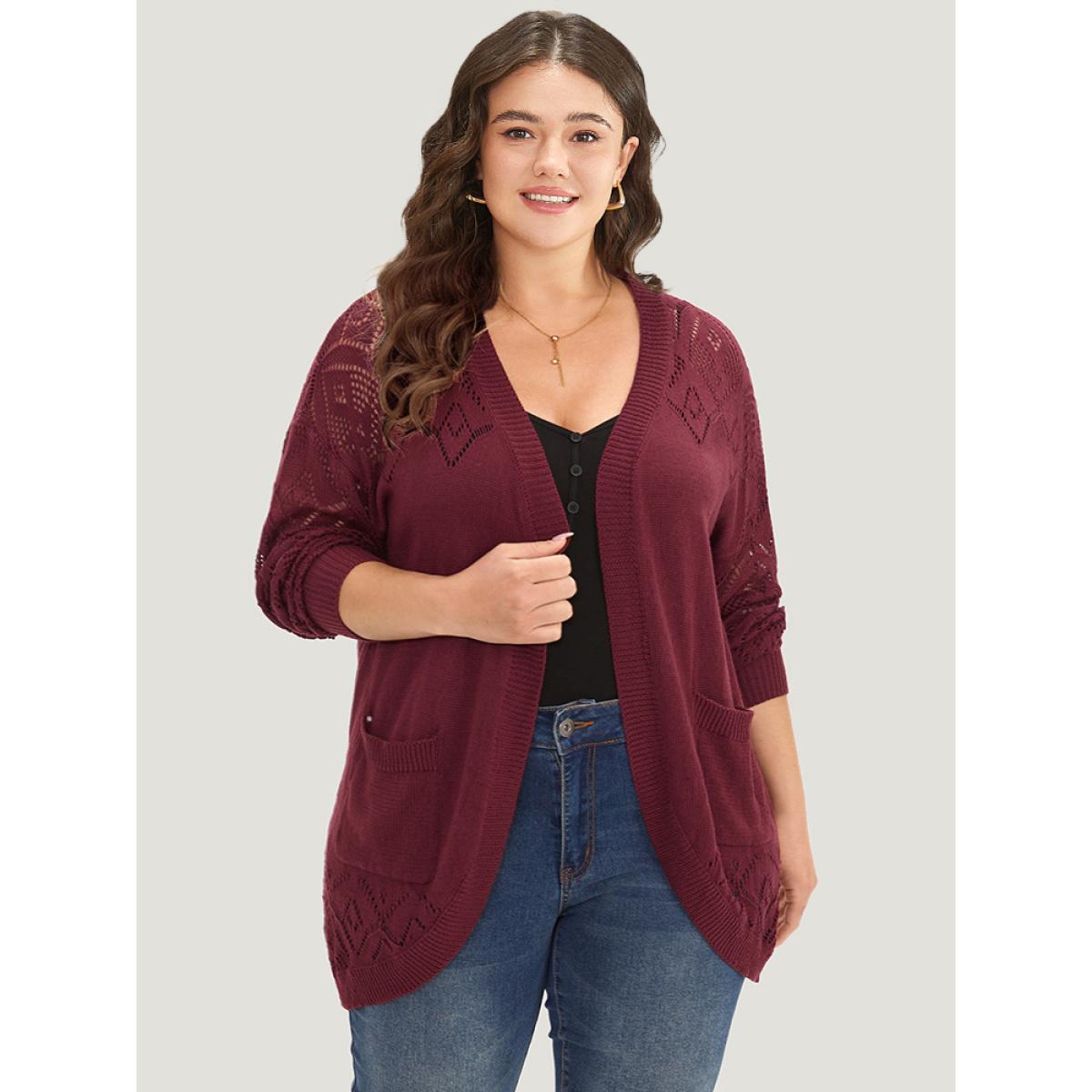 Plus Size Plain Patched Pocket Curved Hem Cardigan Burgundy Women Casual Long Sleeve Dailywear Cardigans BloomChic 28/5X Product Image