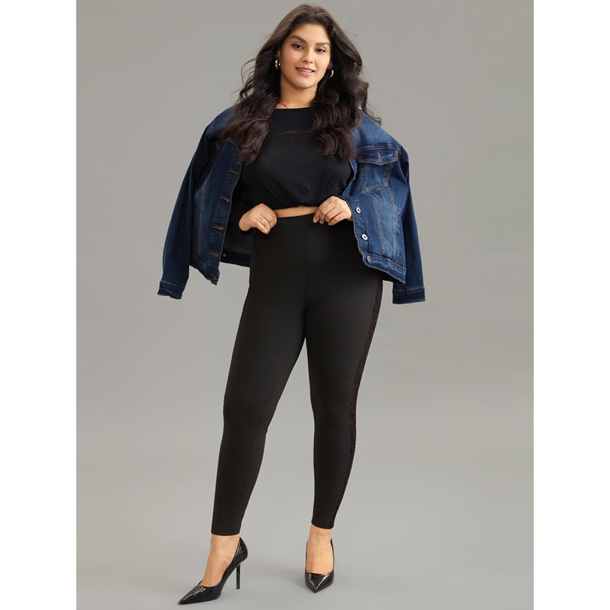 Plus Size Silhouette Floral Print Flocking Mesh Patchwork Leggings Women Black Casual High stretch Skinny High Rise Dailywear Leggings BloomChic 28/5X Product Image