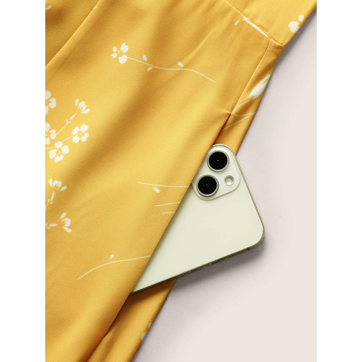 Plus Size Ditsy Floral Ruched Adjustable Straps Dress Yellow Women Elegant Gathered Non Sleeveless Curvy BloomChic 18-20/2X Product Image