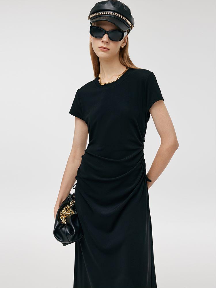 Round Neck Drawstring Waist Women Midi Dress Product Image