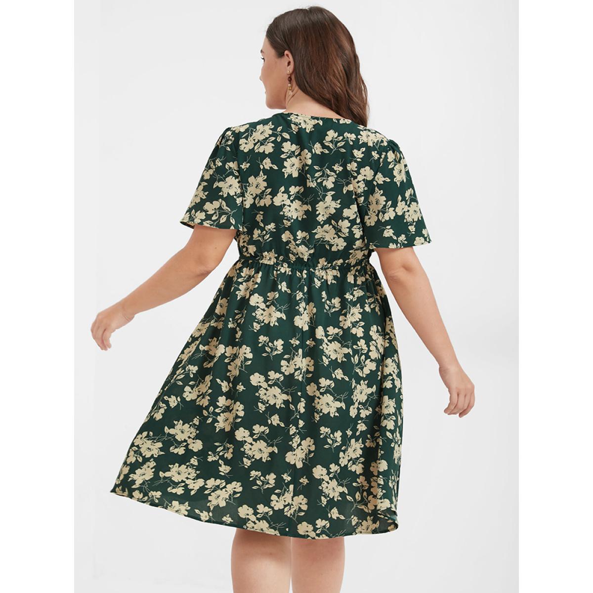 Plus Size Floral Belted Button Ruffled Wrap Knee Dress Green Women Elegant Printed V-neck Short sleeve Curvy Knee Dress BloomChic 28/5X Product Image