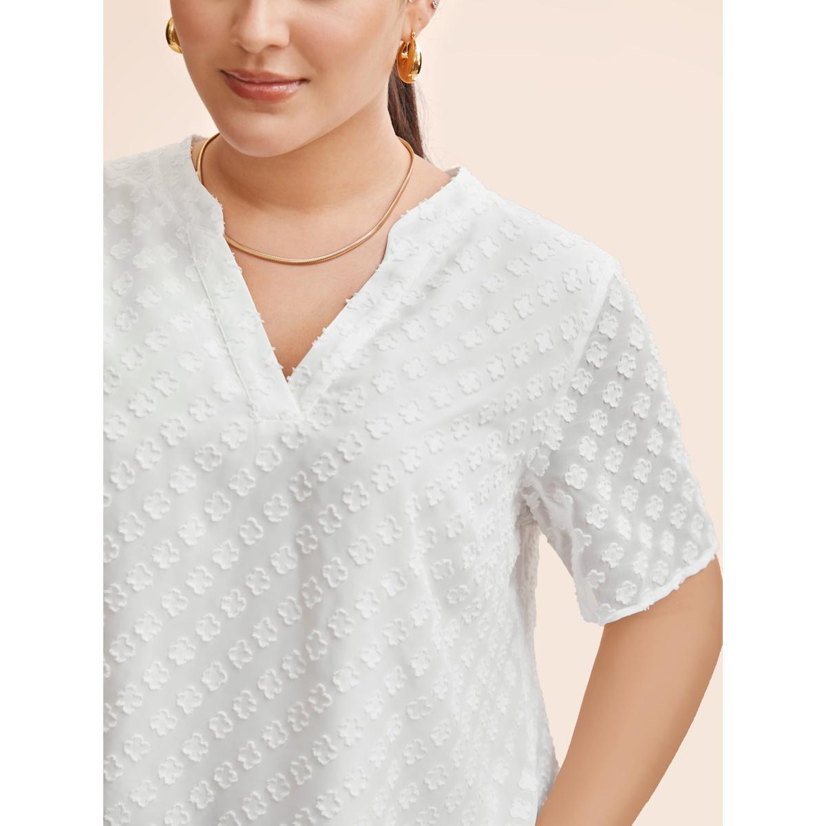 Plus Size Originalwhite Jacquard Notched Tiered Mesh Blouse Women Work From Home Half Sleeve Flat collar with V-notch Work Blouses BloomChic 14-16/1X Product Image