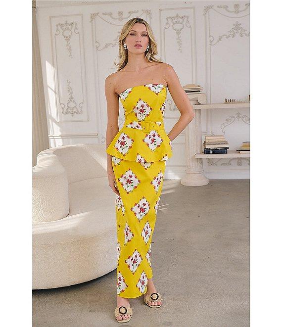 Sugarlips Coordinating Floral Print Strapless Sleeveless Belted Peplum Top Product Image