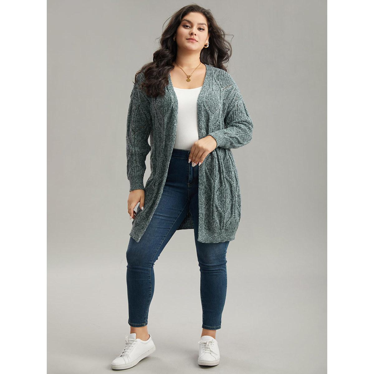 Plus Size Plain Cable Knit Drop Shoulder Cardigan DarkGreen Women Casual Loose Long Sleeve Dailywear Cardigans BloomChic 10/M Product Image