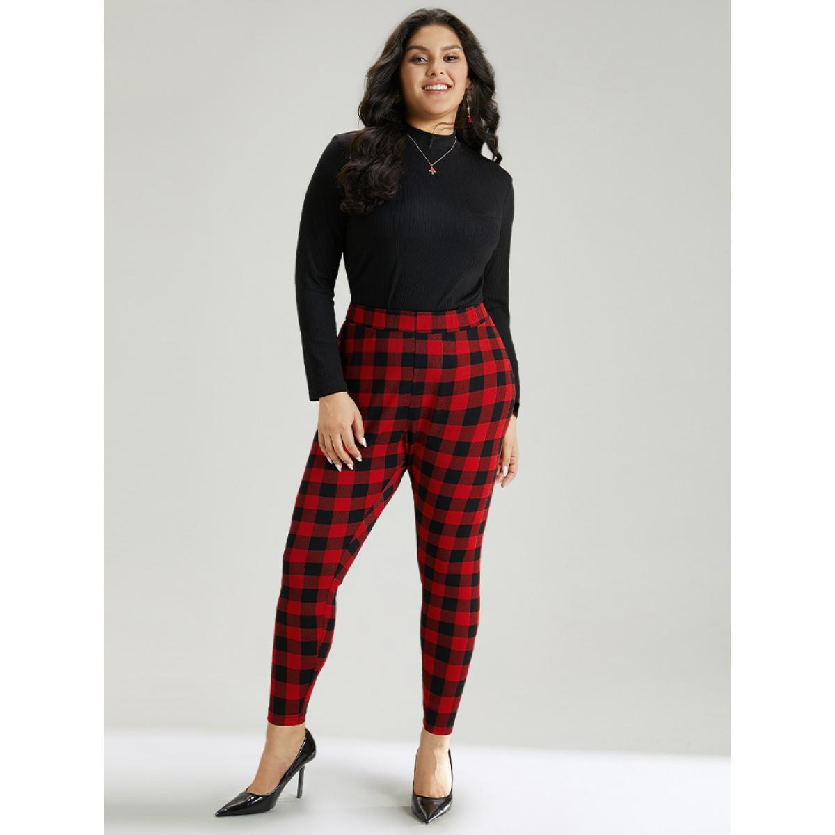 Plus Size Plaid Elastic Waist High Rise Skinny Leggings Women Raspberry Elegant High stretch Skinny High Rise Festival-Christmas Leggings BloomChic 22-24/3X Product Image