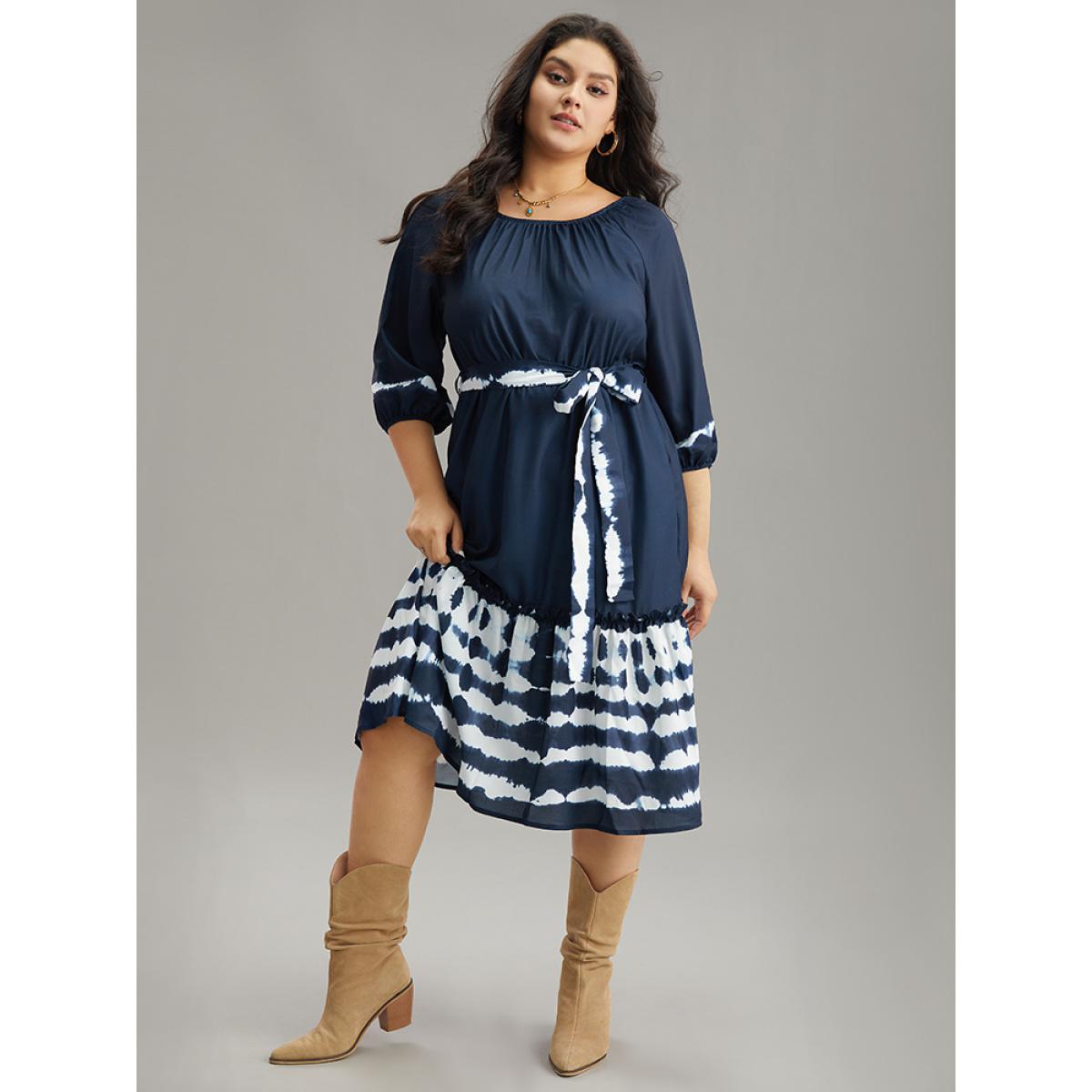 Plus Size Tie Dye Gathered Belted Lantern Sleeve Dress DarkBlue Women Vacation Elastic cuffs Round Neck Elbow-length sleeve Curvy Midi Dress BloomChic 22-24/3X Product Image