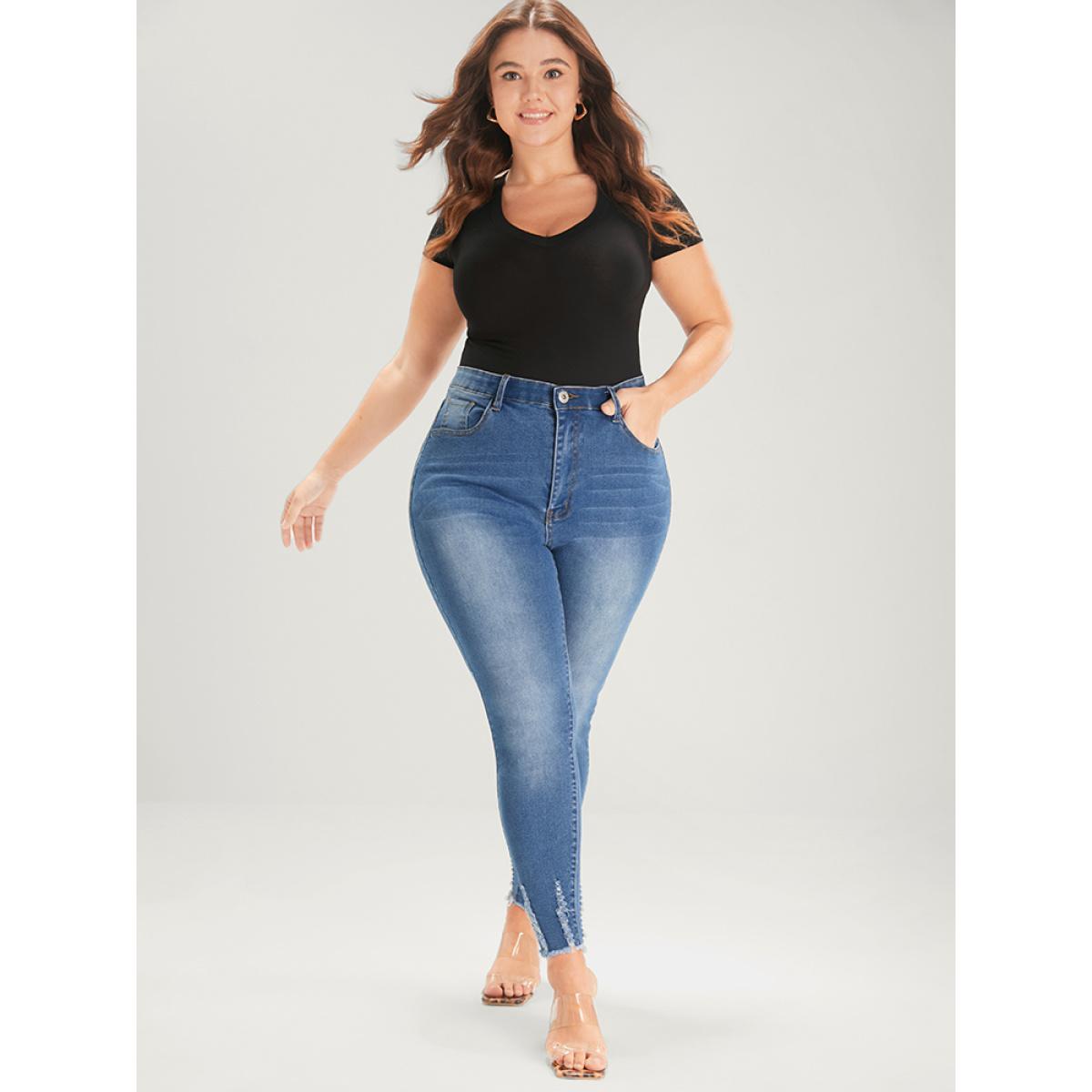Plus Size Skinny Very Stretchy Mid Rise Medium Wash Pocket Jeans Women Blue Casual Plain Pocket High stretch Pocket Jeans BloomChic 14/1X Product Image
