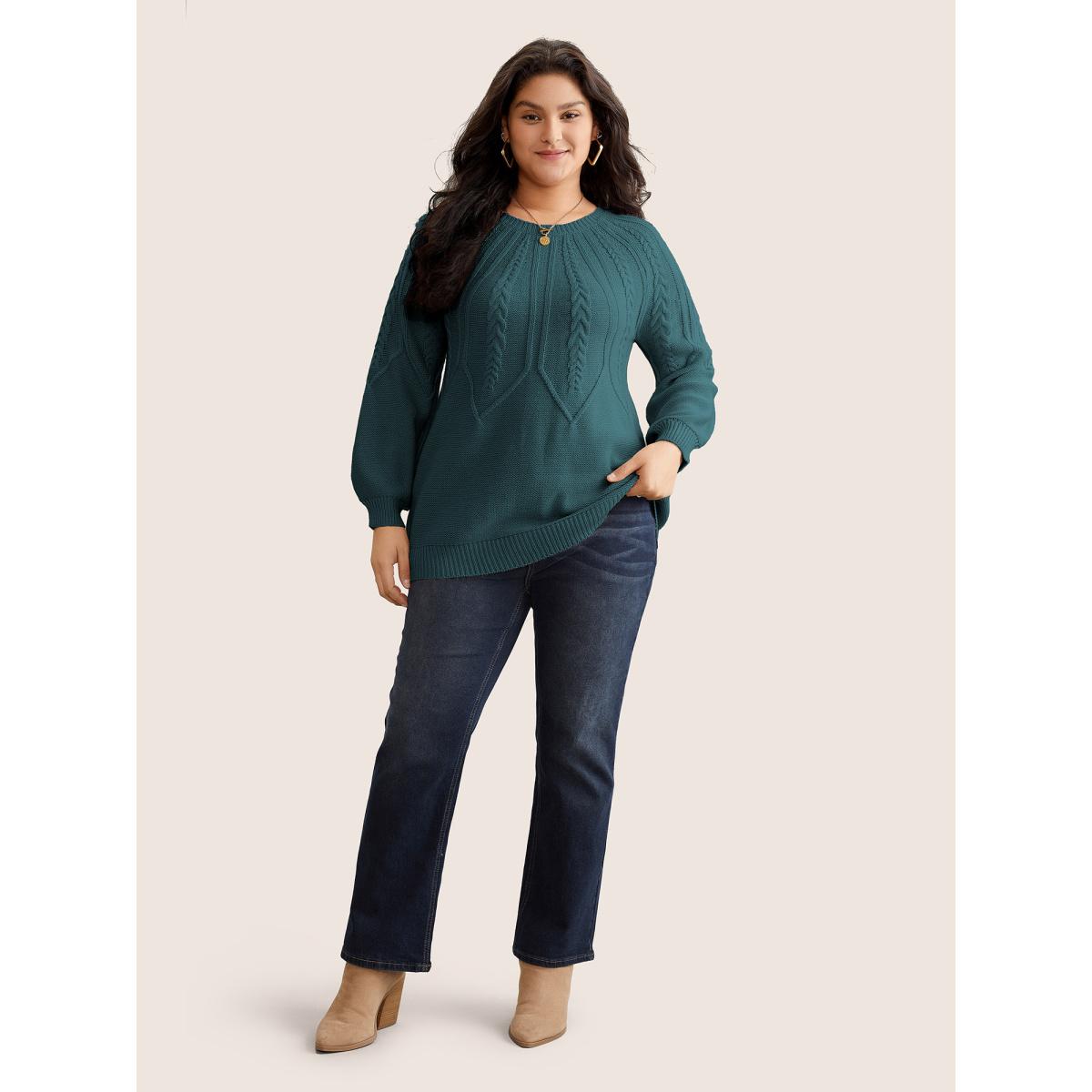 Plus Size Solid Textured Lantern Sleeve Pullover Cyan Women Leisure Long Sleeve Round Neck Casual Pullovers BloomChic 18-20/2X Product Image