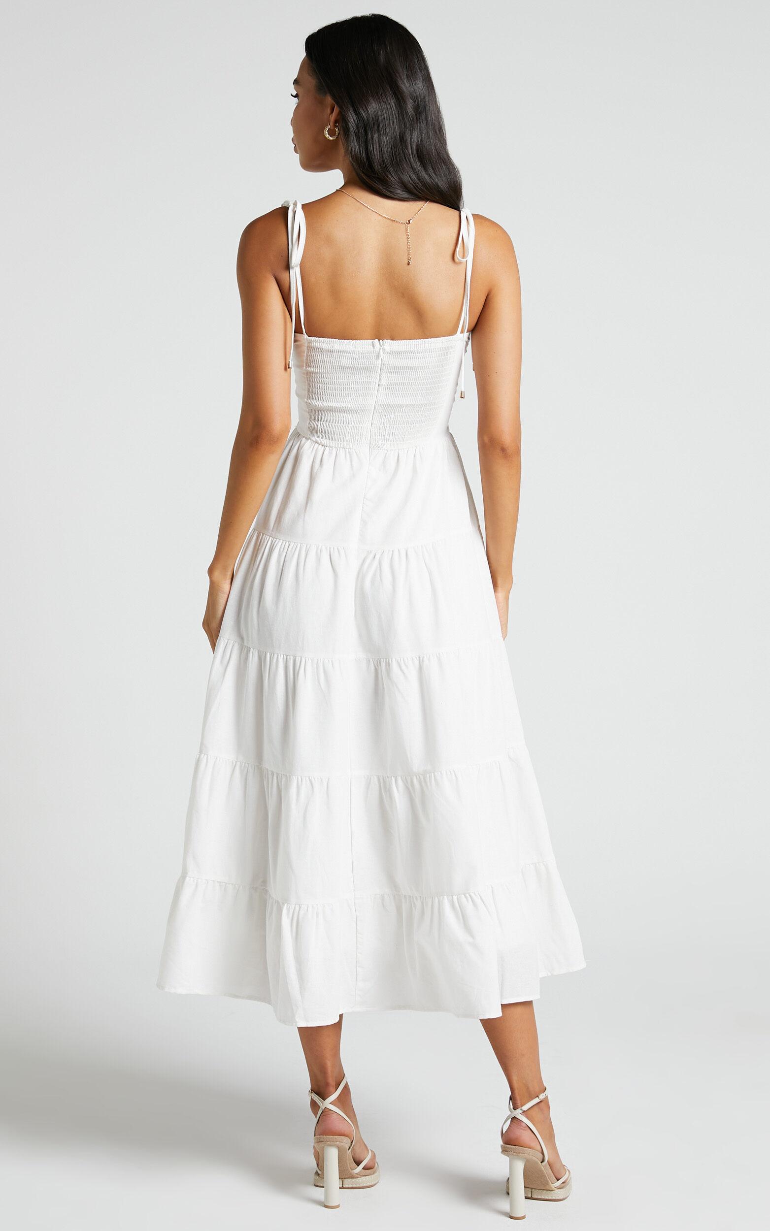 Leticia Midi Dress - Twist Front Tie Strap Tiered Dress in Off White Product Image