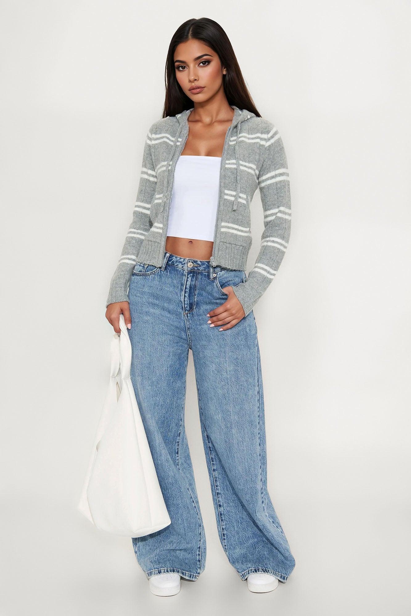 Striped Life Zip Front Hoodie - Heather Grey Female Product Image